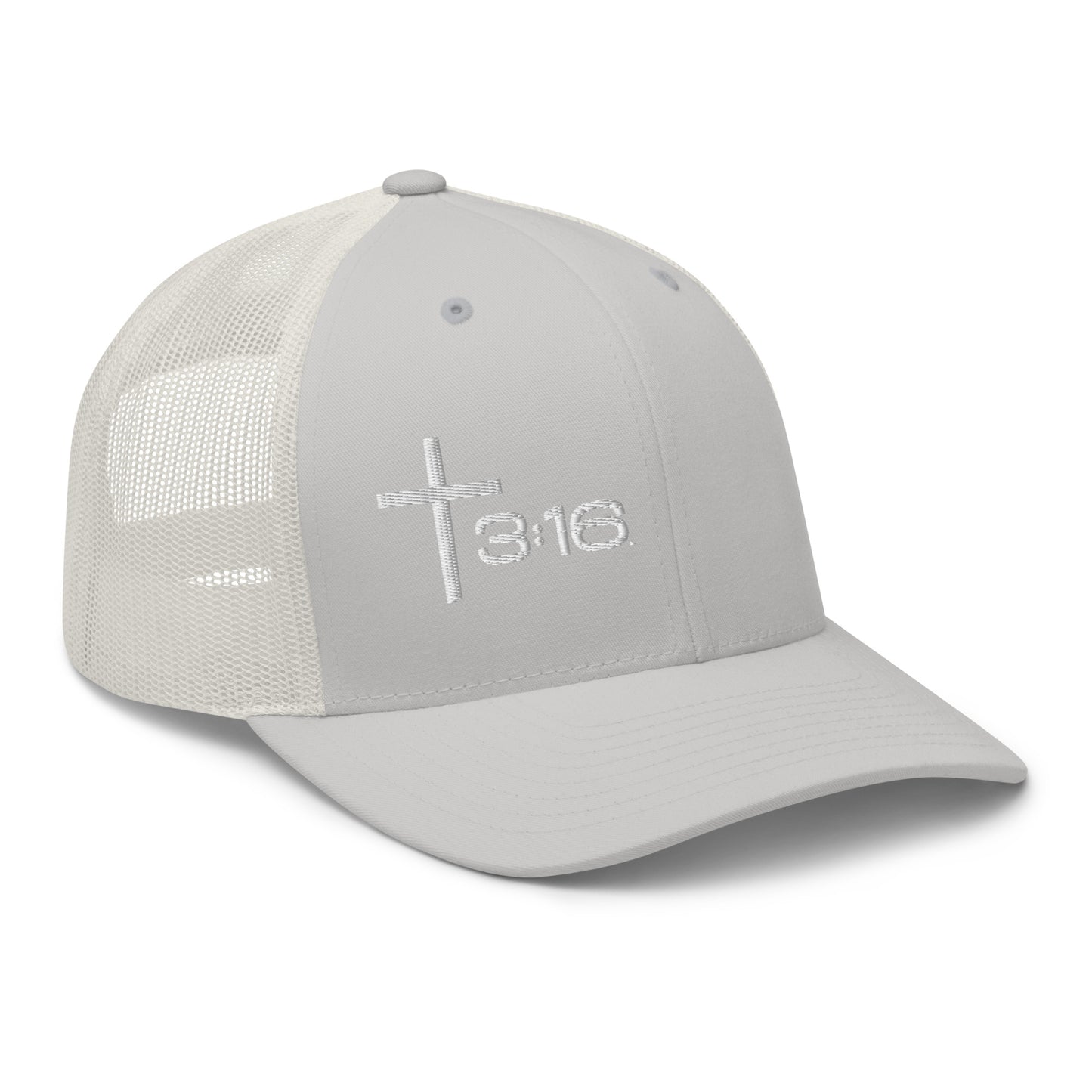 T316 Icon embroidered Christian trucker hat in silver — Trinity 3:16 faith apparel