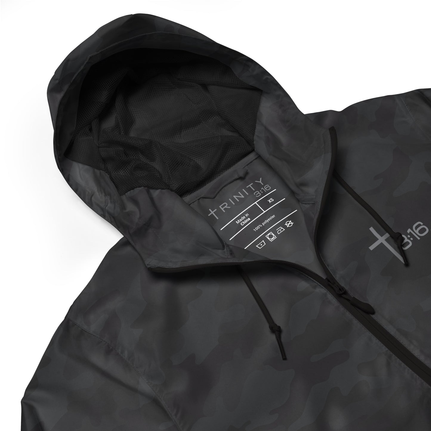 T316 Icon Christian windbreaker in black camo — Trinity 3:16 faith apparel