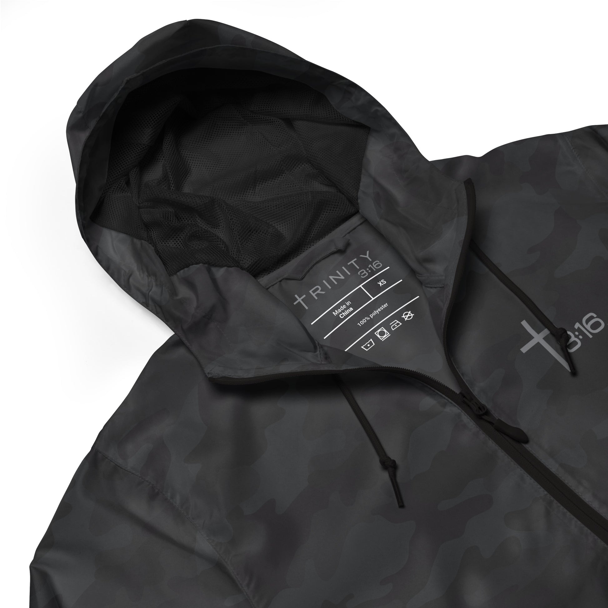 T316 Icon Christian windbreaker in black camo — Trinity 3:16 faith apparel