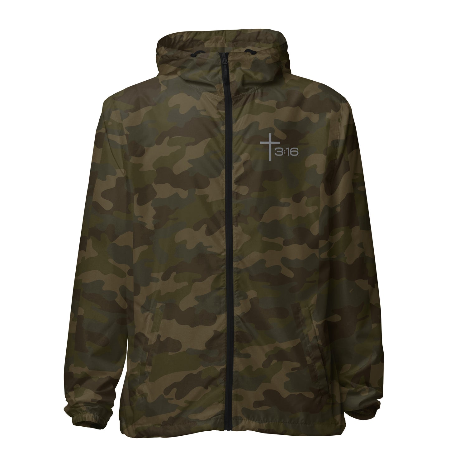 T316 Icon Christian windbreaker in forest camo — Trinity 3:16 faith apparel