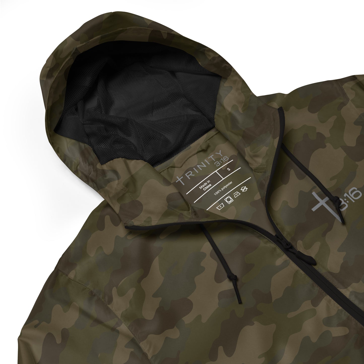 T316 Icon Christian windbreaker in forest camo — Trinity 3:16 faith apparel