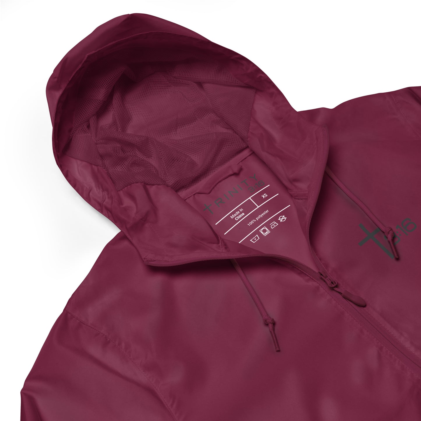 T316 Icon Christian windbreaker in maroon— Trinity 3:16 faith apparel