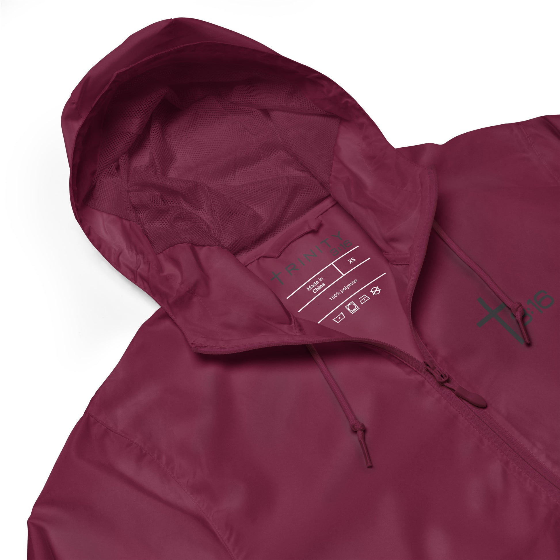T316 Icon Christian windbreaker in maroon— Trinity 3:16 faith apparel