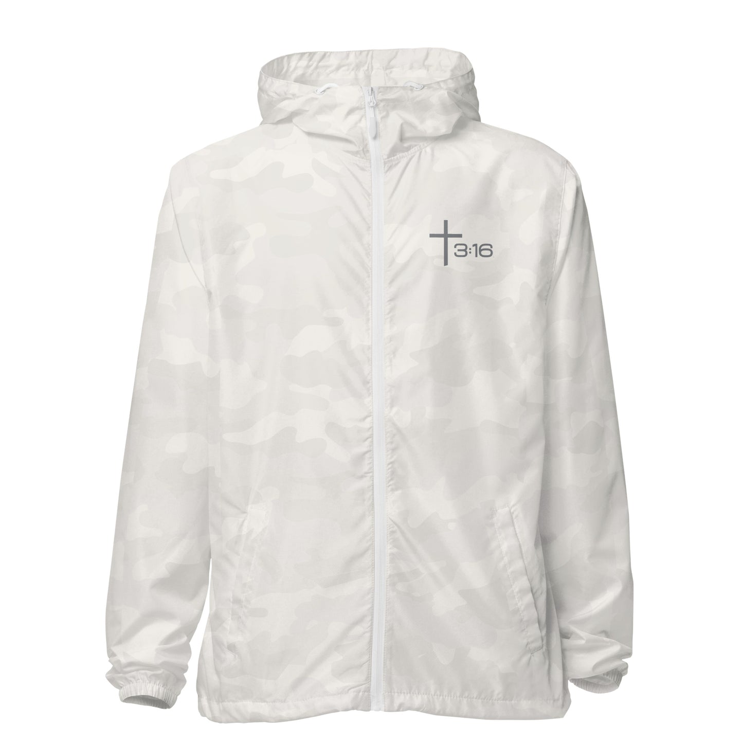T316 Icon Christian windbreaker in white camo — Trinity 3:16 faith apparel