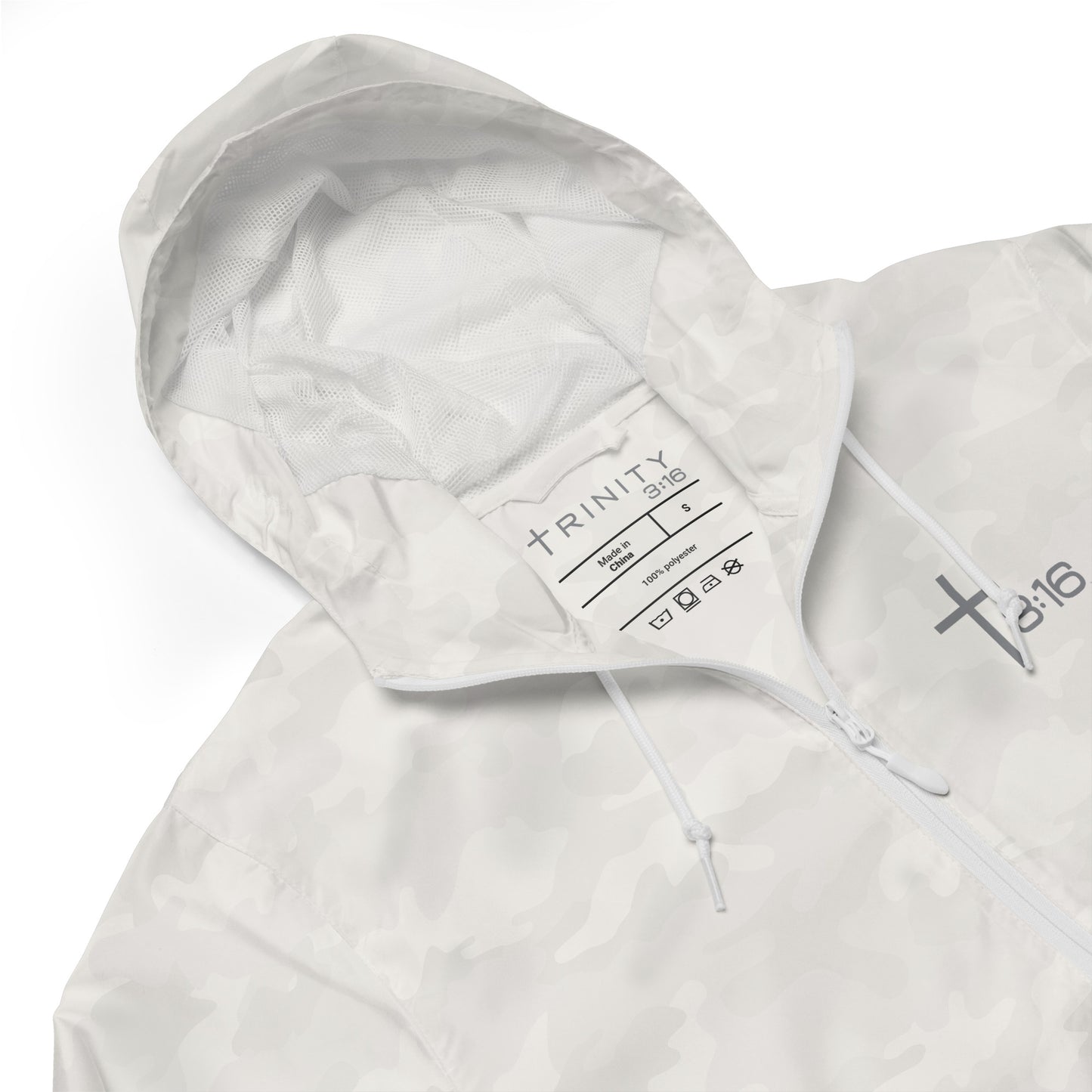 T316 Icon Christian windbreaker in white camo — Trinity 3:16 faith apparel