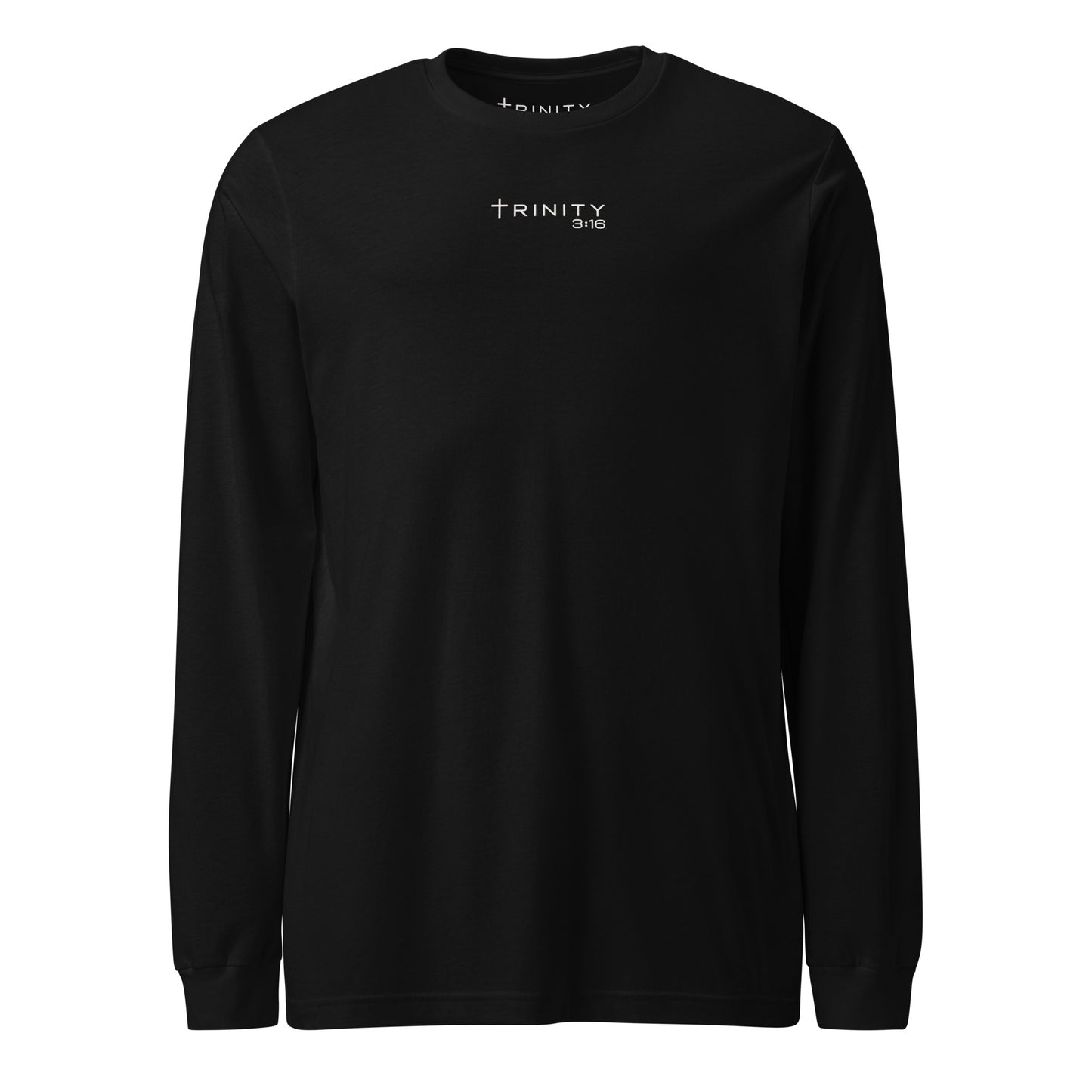 Trinity 3:16 Logo Christian long sleeve tee in black— Trinity 3:16 faith apparel