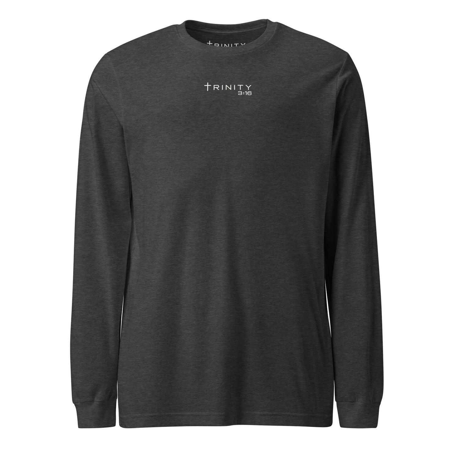 Trinity 3:16 Logo Christian long sleeve tee in dark grey heather— Trinity 3:16 faith apparel