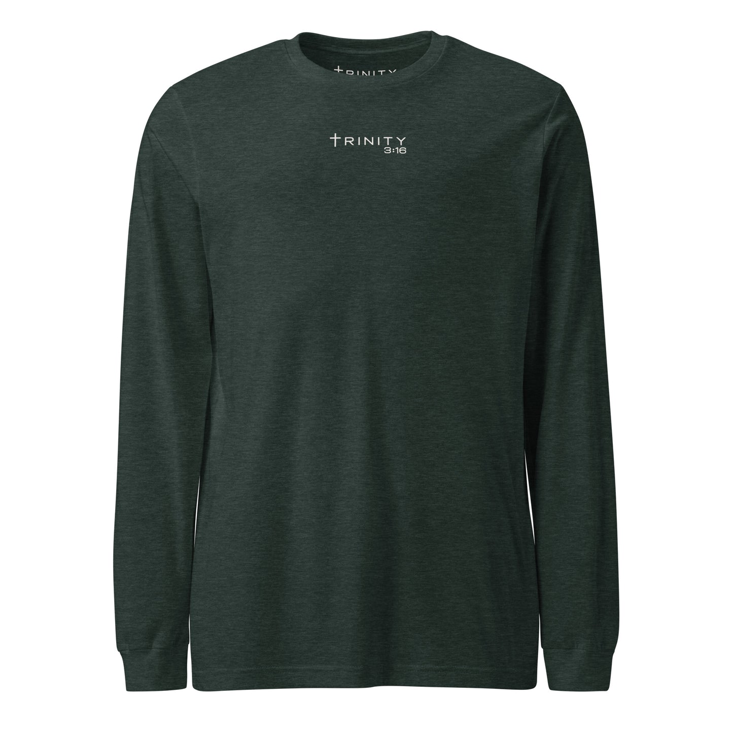Trinity 3:16 Logo Christian long sleeve tee in heather forest— Trinity 3:16 faith apparel