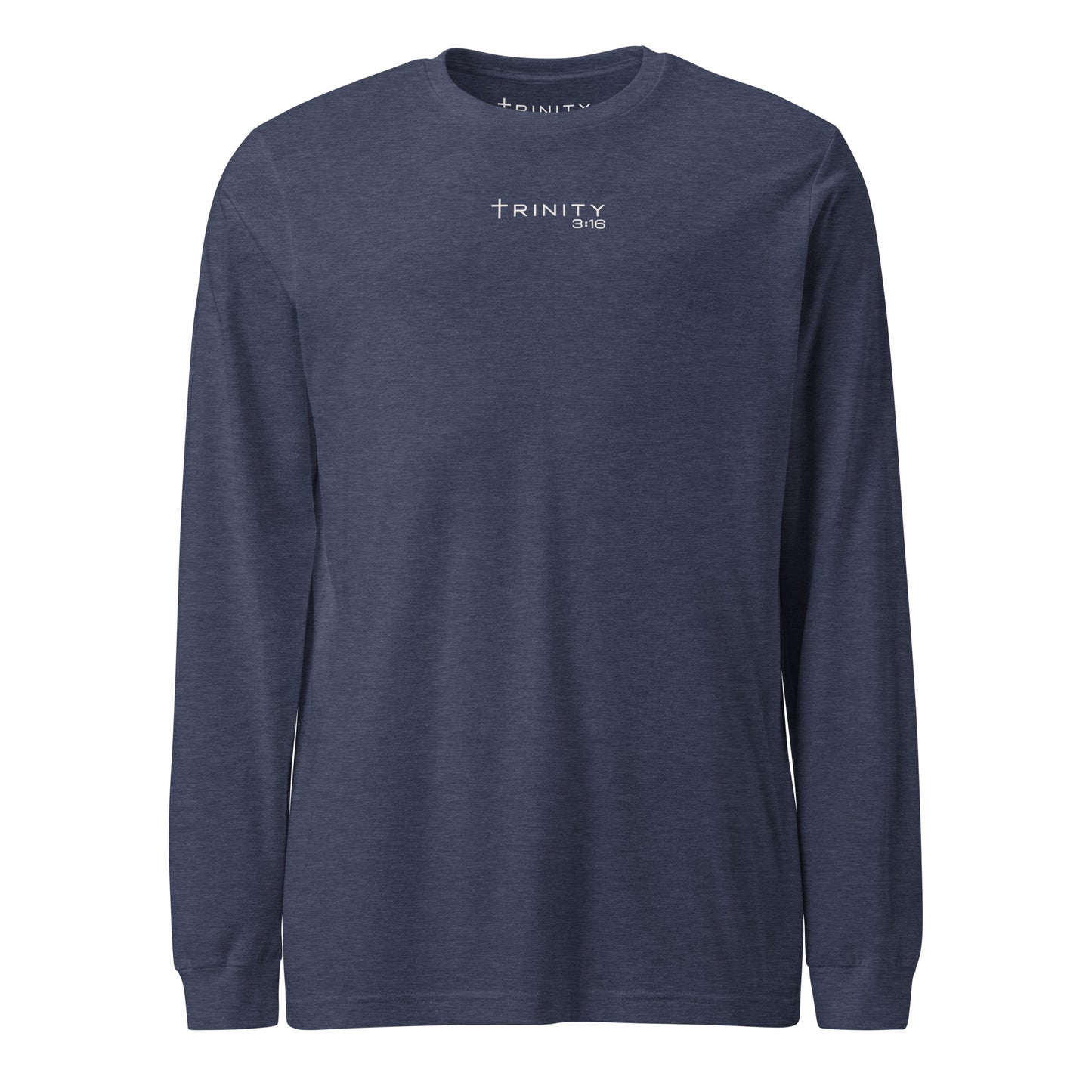 Trinity 3:16 Logo Christian long sleeve tee in heather navy— Trinity 3:16 faith apparel