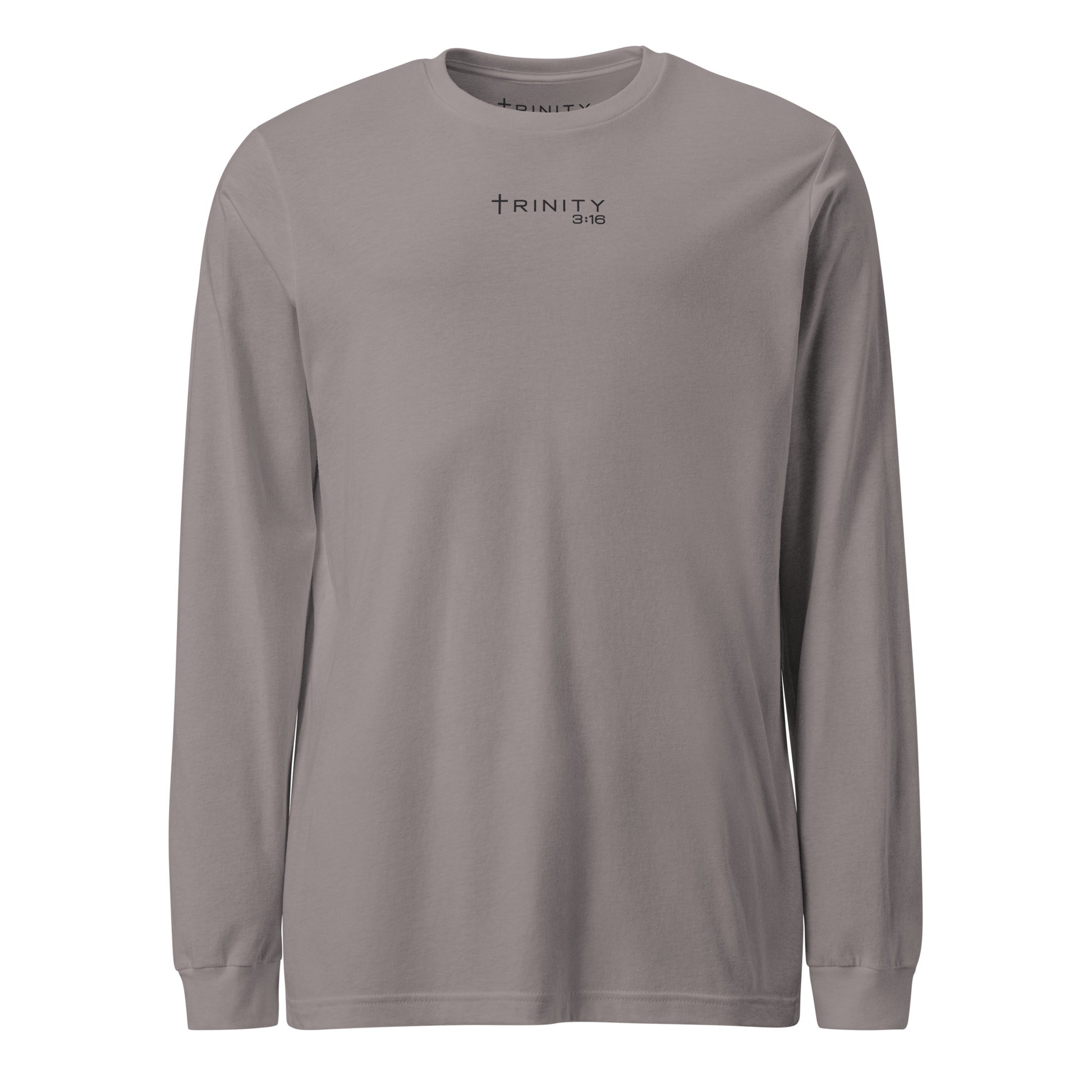 Trinity 3:16 Logo Christian long sleeve tee in storm— Trinity 3:16 faith apparel