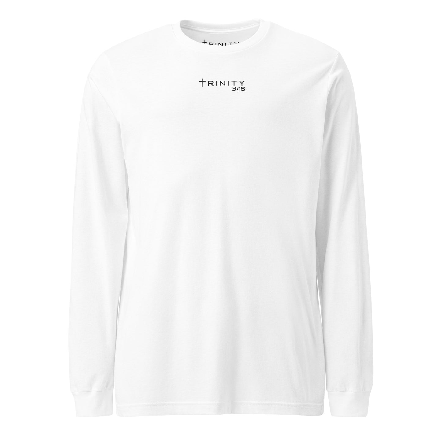 Trinity 3:16 Logo Christian long sleeve tee in white— Trinity 3:16 faith apparel