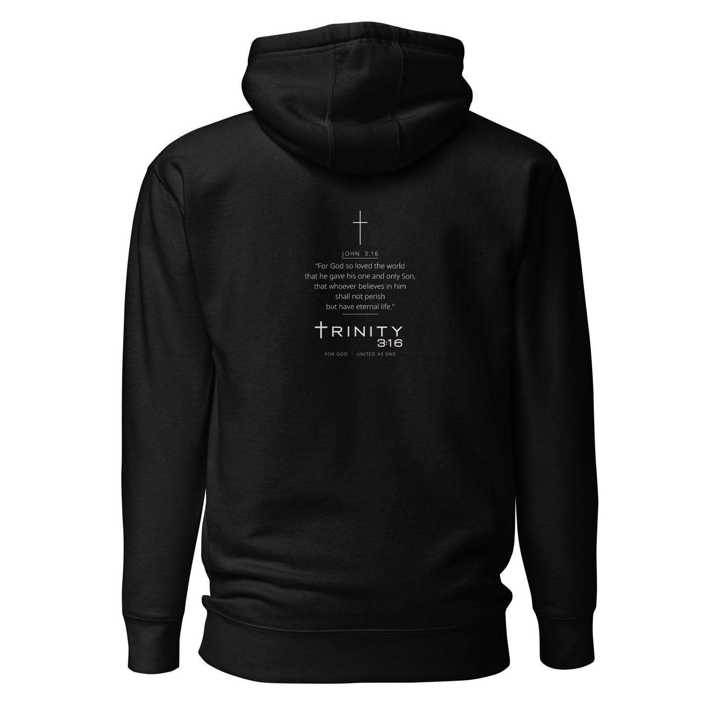 John 3:16 Christian hoodie in black— Trinity 3:16 faith apparel