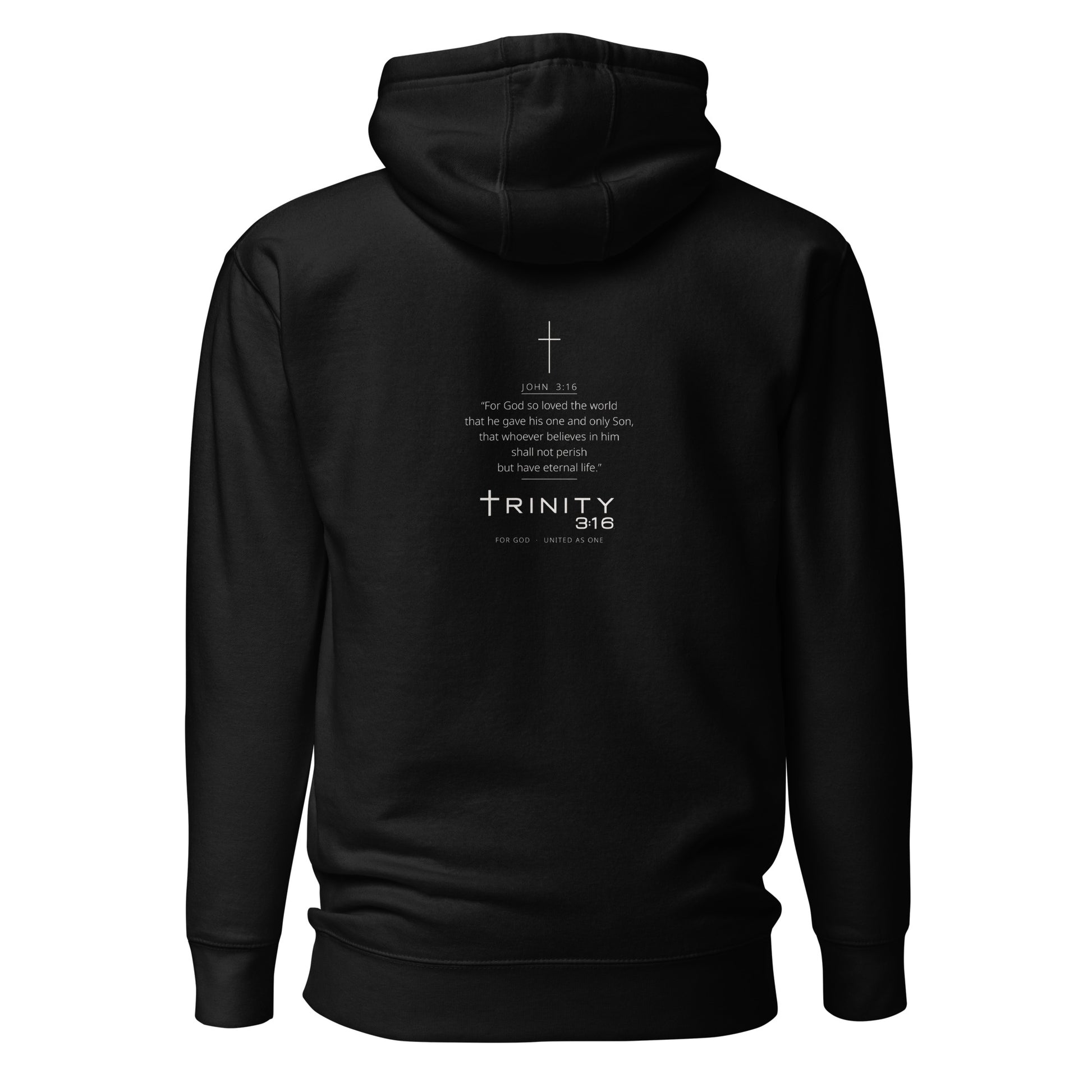 John 3:16 Christian hoodie in black— Trinity 3:16 faith apparel