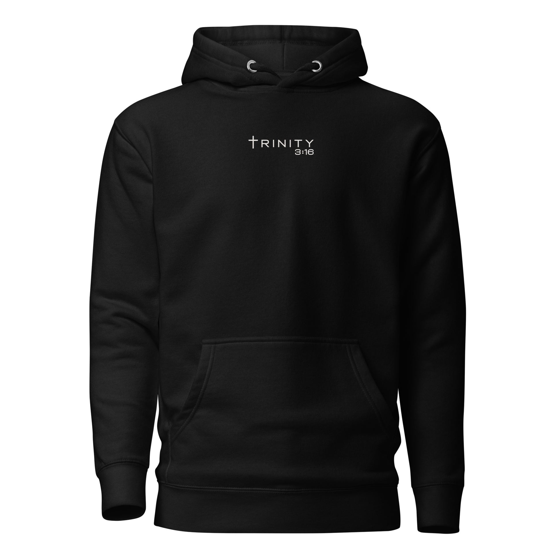 John 3:16 Christian hoodie in black — Trinity 3:16 faith apparel
