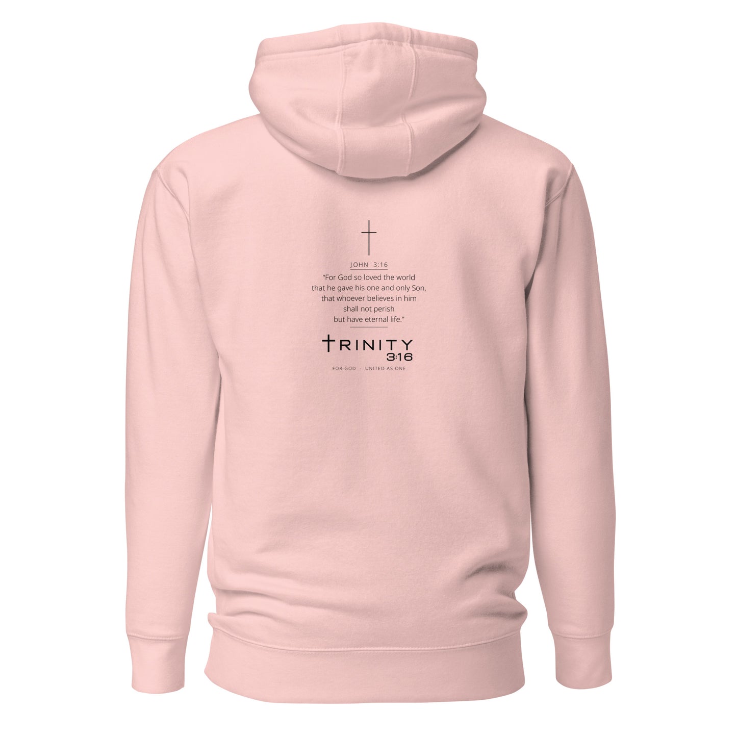 John 3:16 Christian hoodie in soft pink— Trinity 3:16 faith apparel