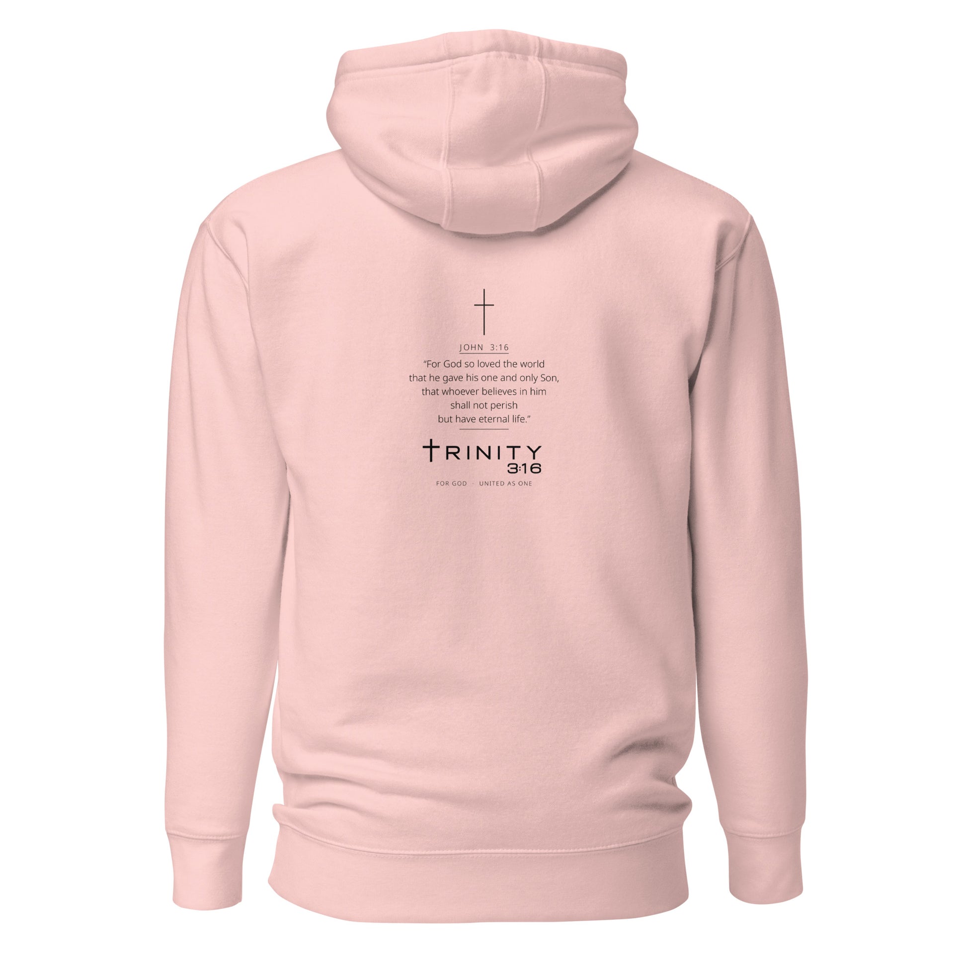John 3:16 Christian hoodie in soft pink— Trinity 3:16 faith apparel