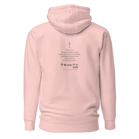 John 3:16 Christian hoodie in soft pink— Trinity 3:16 faith apparel