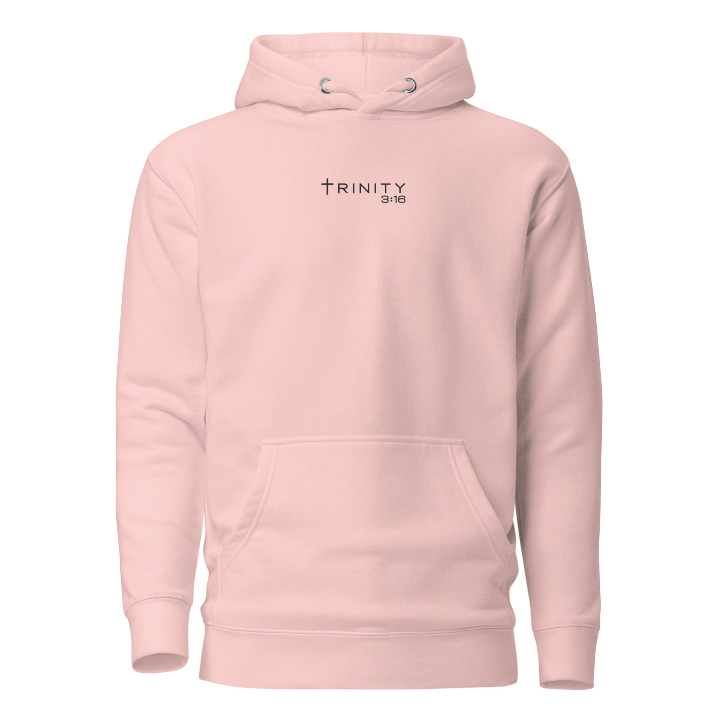 John 3:16 Christian hoodie in soft pink — Trinity 3:16 faith apparel