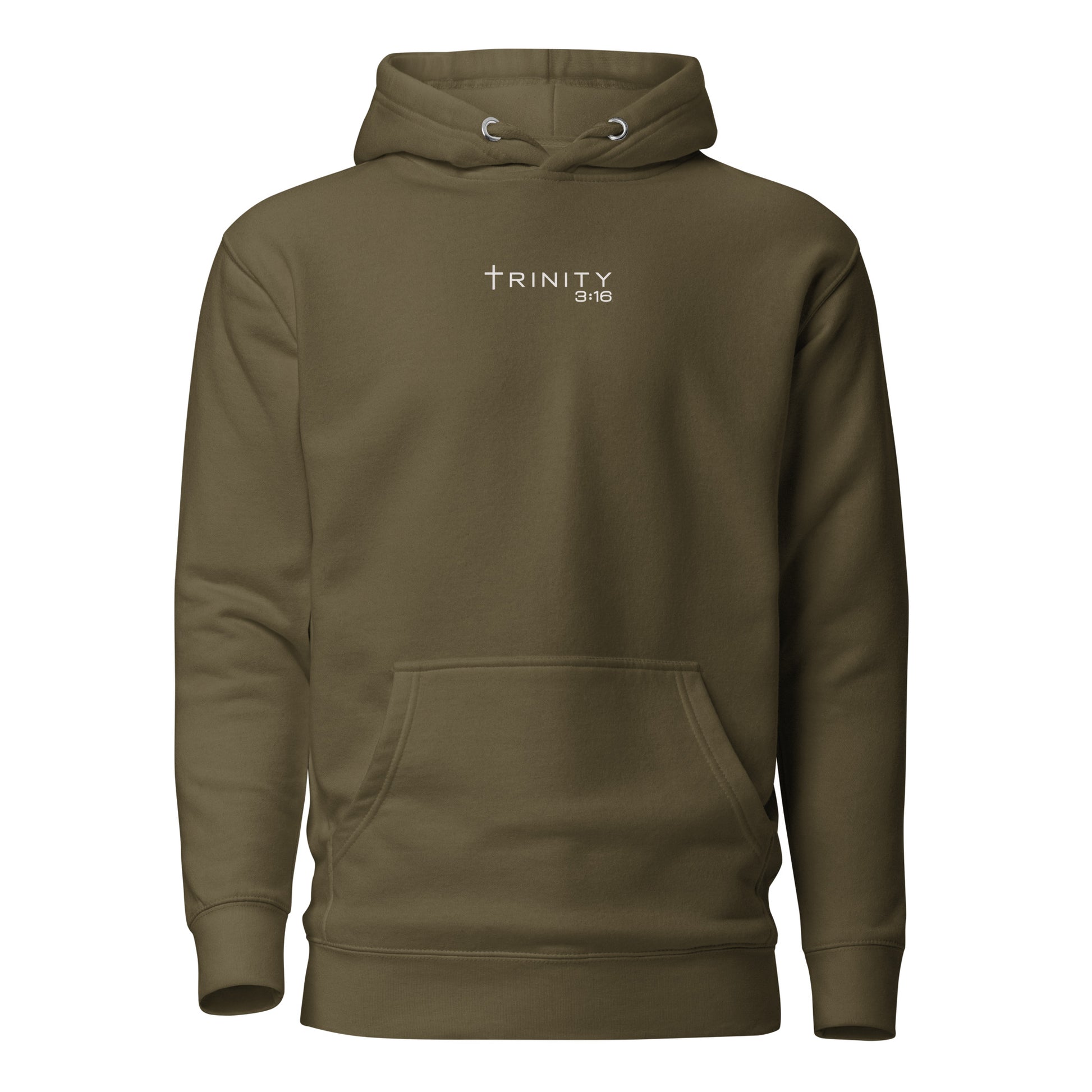 John 3:16 Christian hoodie in green— Trinity 3:16 faith apparel