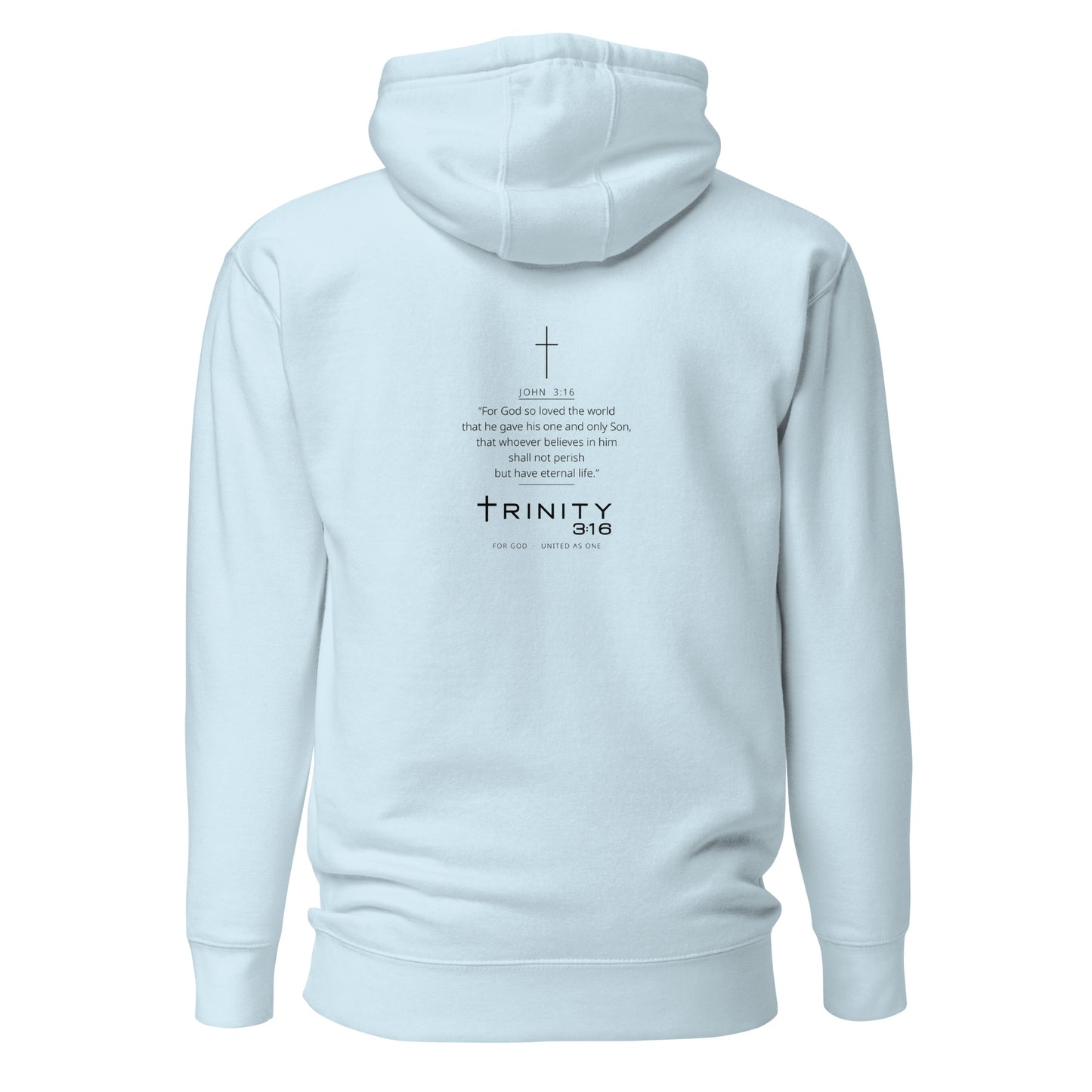 John 3:16 Christian hoodie in sky blue— Trinity 3:16 faith apparel
