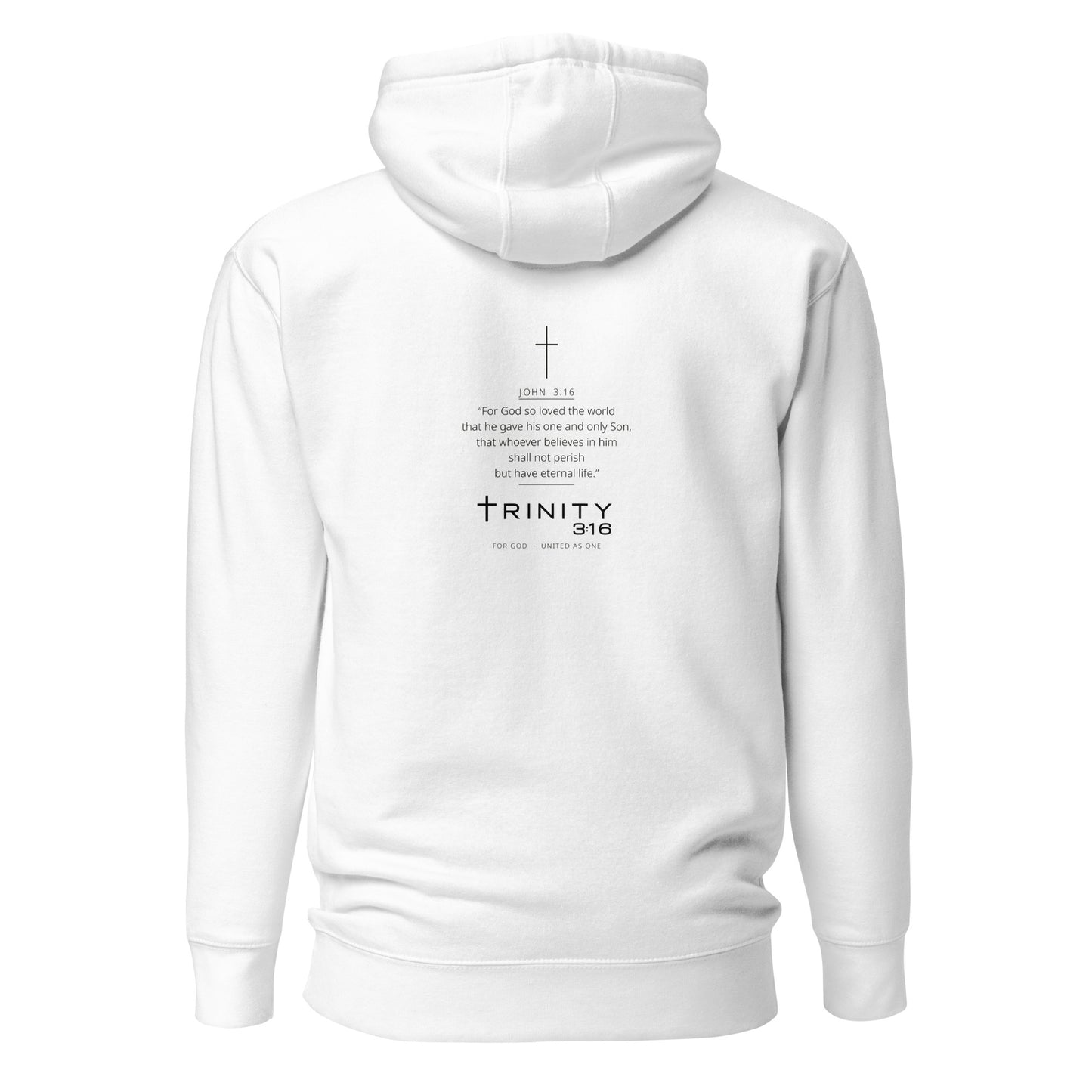 John 3:16 Christian hoodie in white — Trinity 3:16 faith apparel