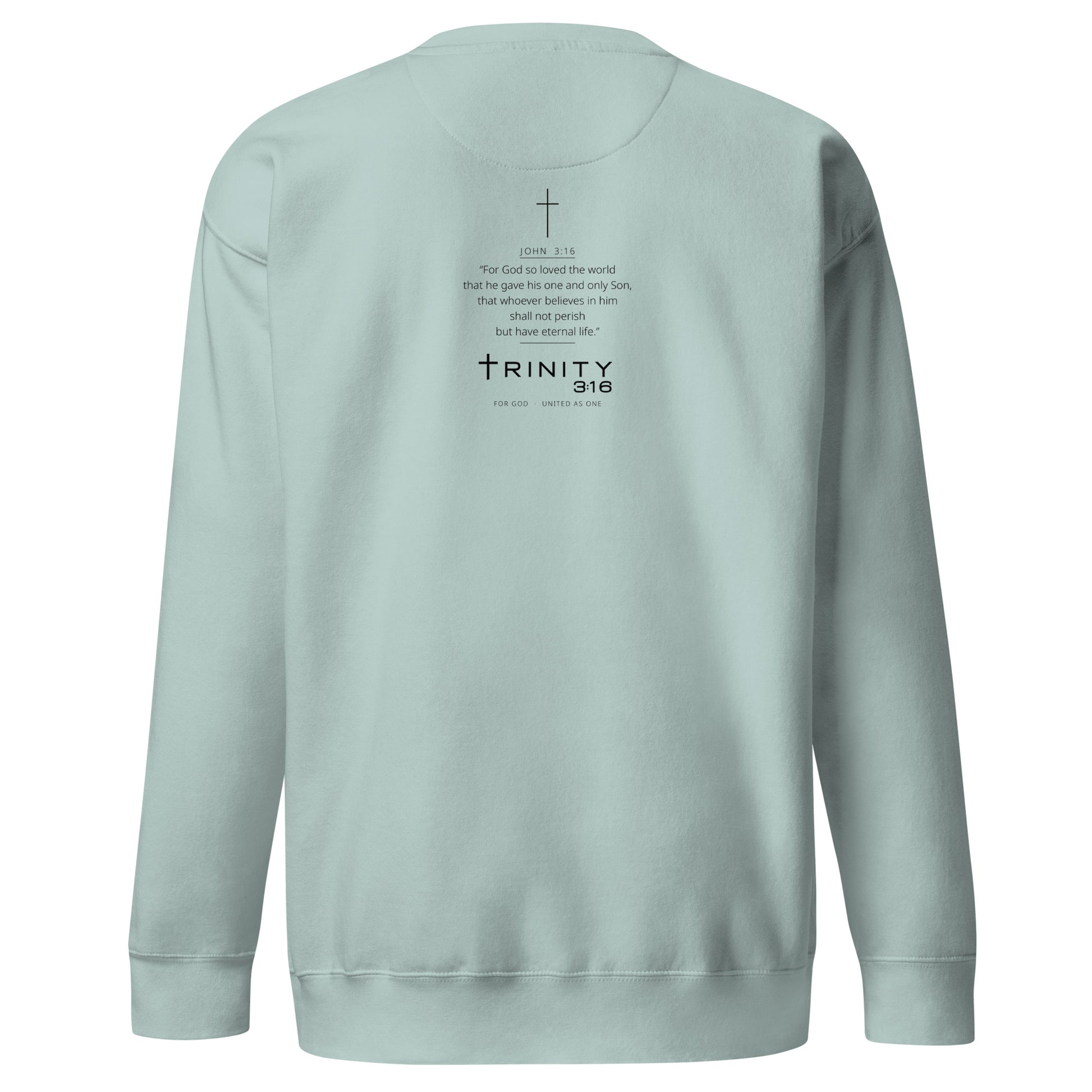 John 3:16 Christian crewneck in agave— Trinity 3:16 faith apparel