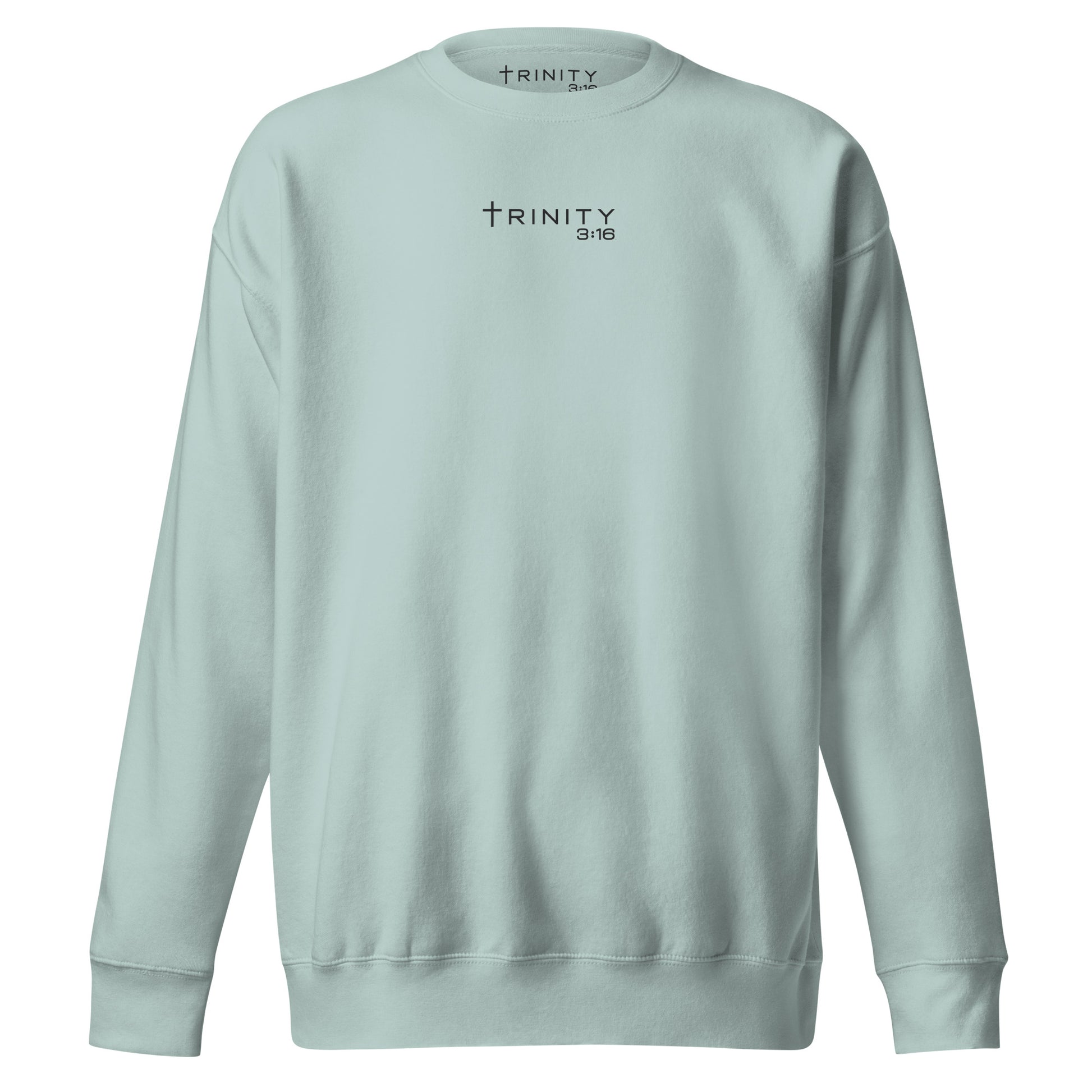 John 3:16 Christian crewneck in agave— Trinity 3:16 faith apparel