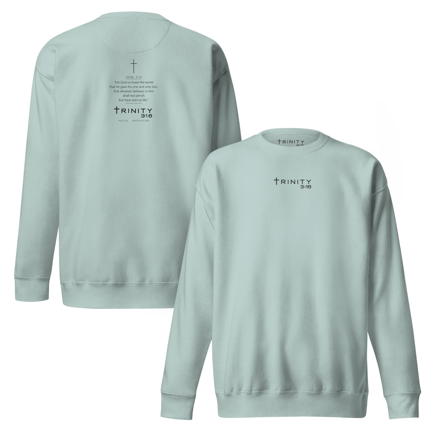 John 3:16 Christian crewneck in agave— Trinity 3:16 faith apparel