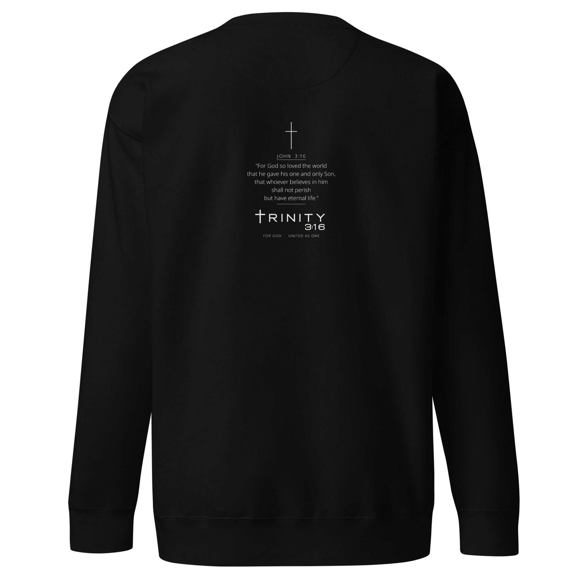 John 3:16 Christian crewneck in black— Trinity 3:16 faith apparel