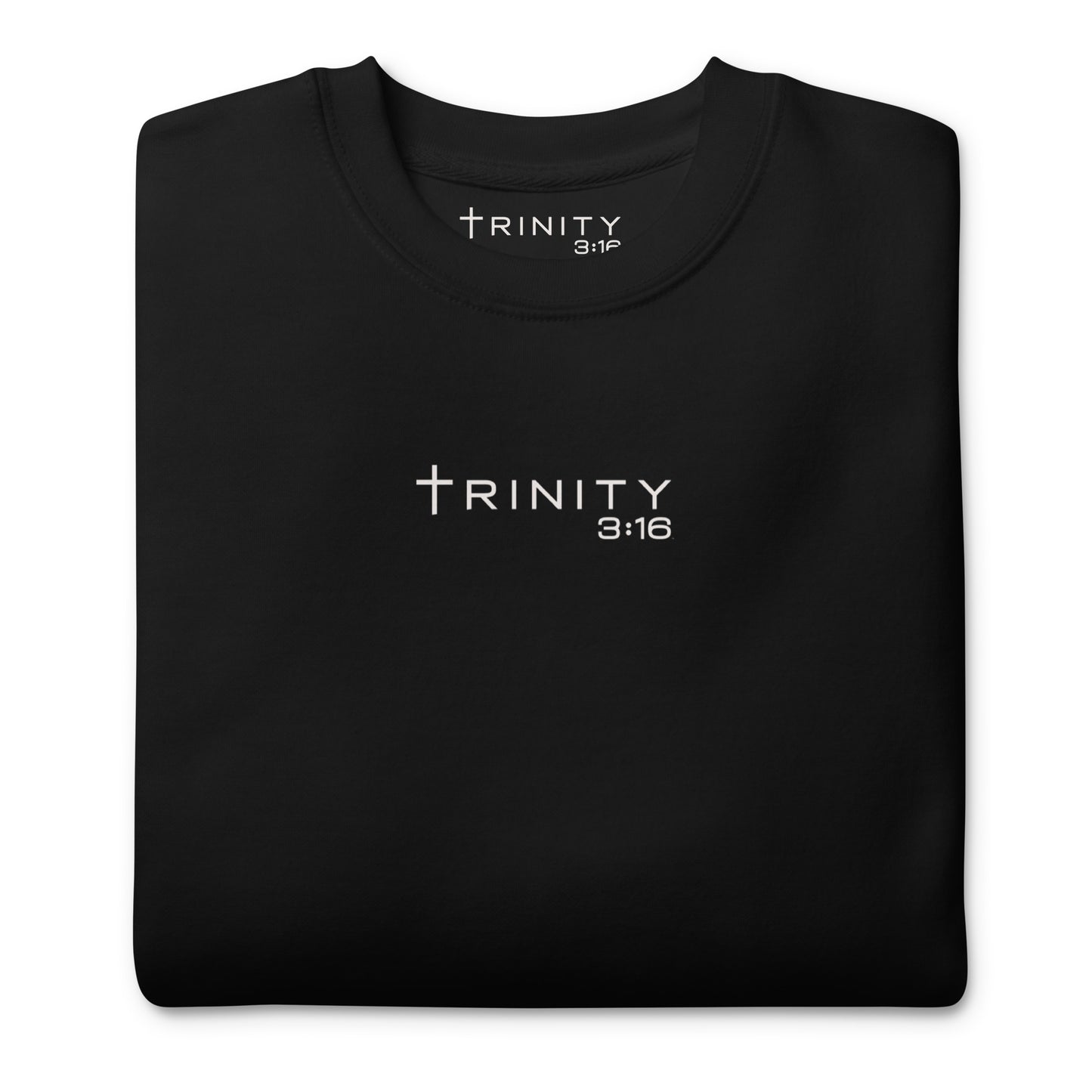 John 3:16 Christian crewneck in black— Trinity 3:16 faith apparel