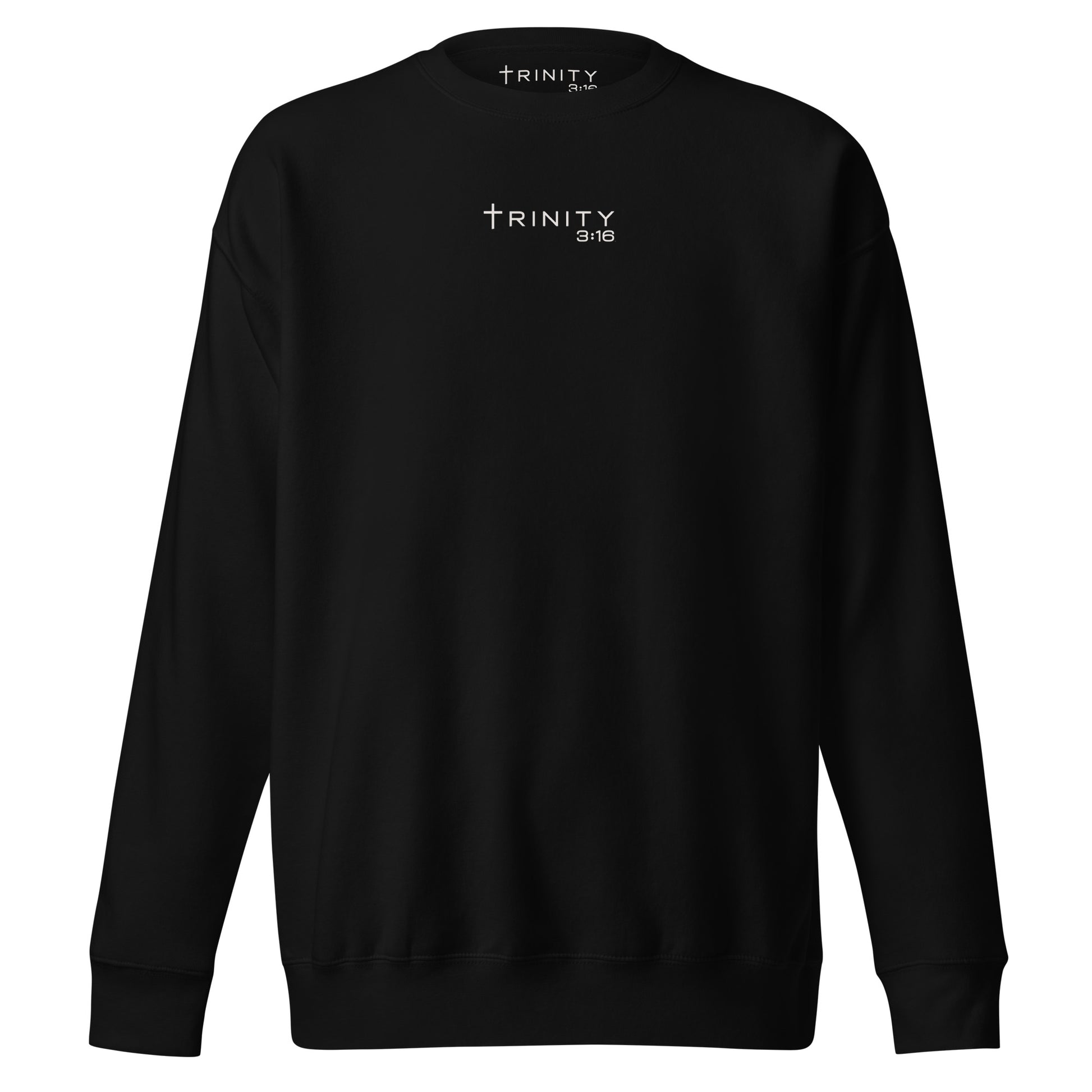John 3:16 Christian crewneck in black— Trinity 3:16 faith apparel