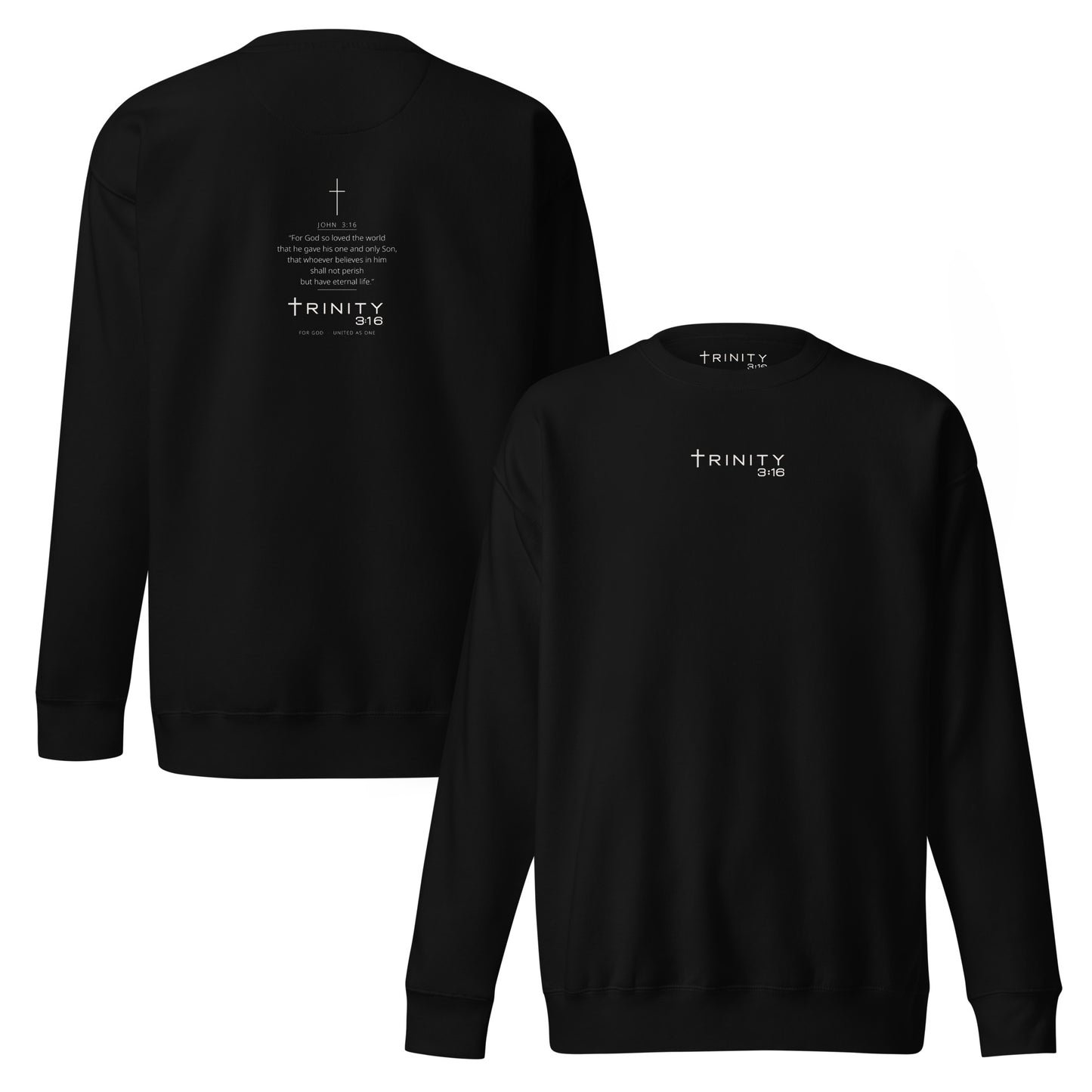 John 3:16 Christian crewneck in black— Trinity 3:16 faith apparel