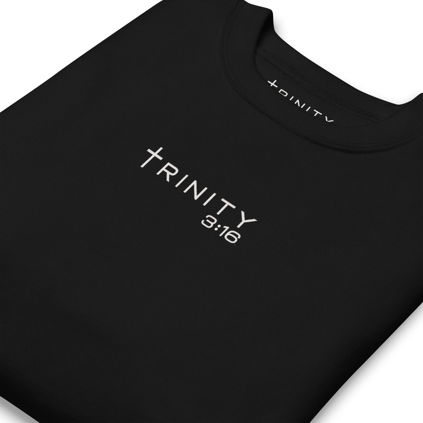 John 3:16 Christian crewneck in black— Trinity 3:16 faith apparel
