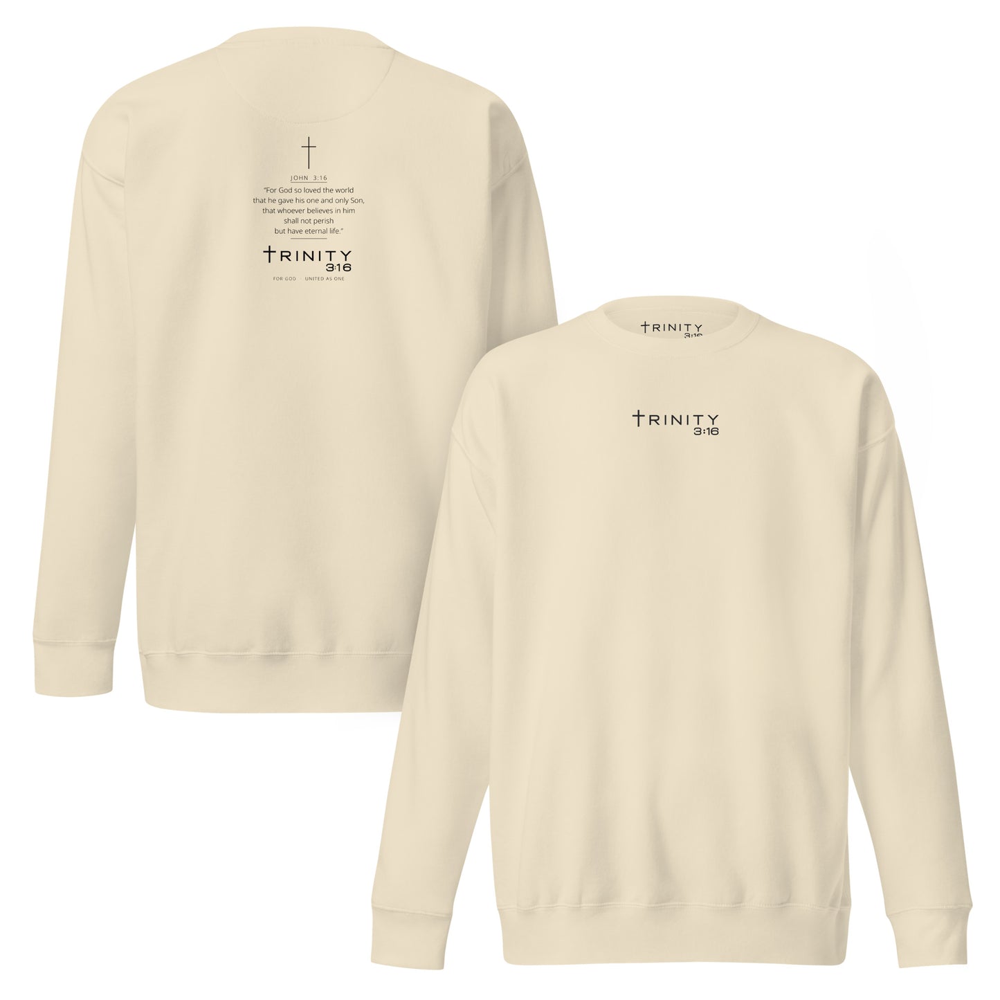 John 3:16 Christian crewneck in bone— Trinity 3:16 faith apparel