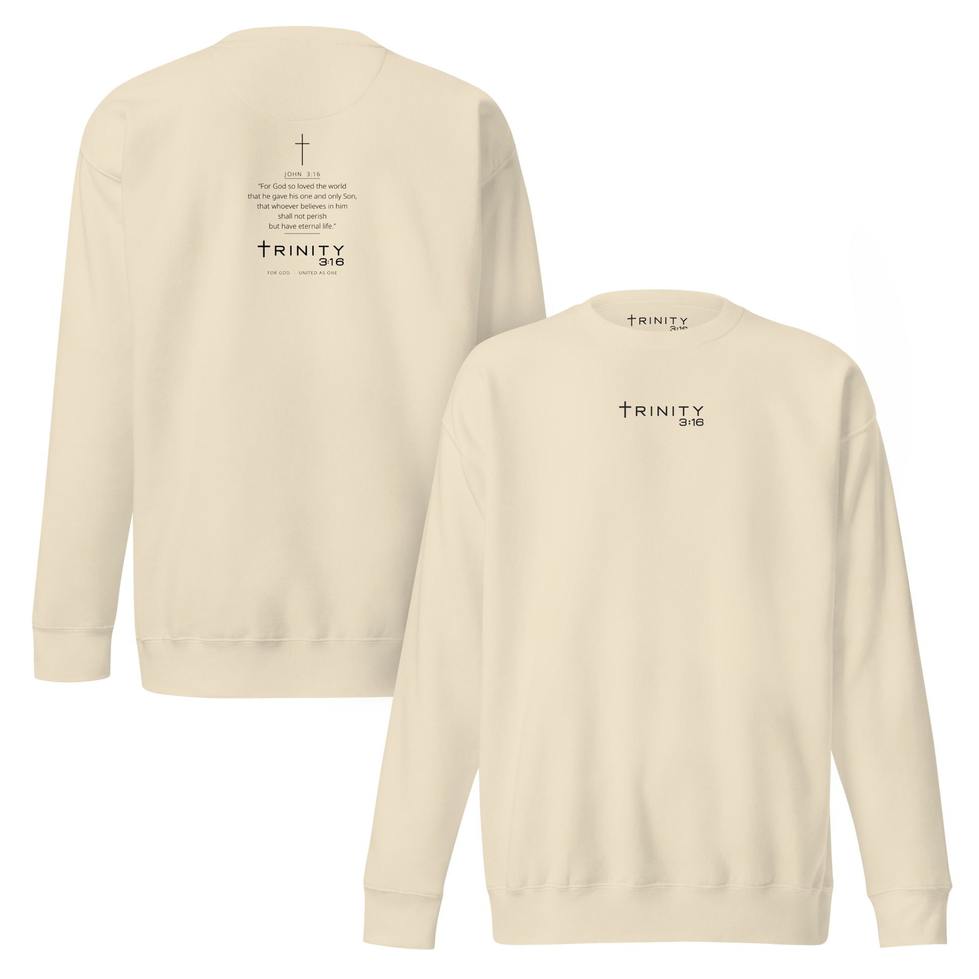 John 3:16 Christian crewneck in bone— Trinity 3:16 faith apparel