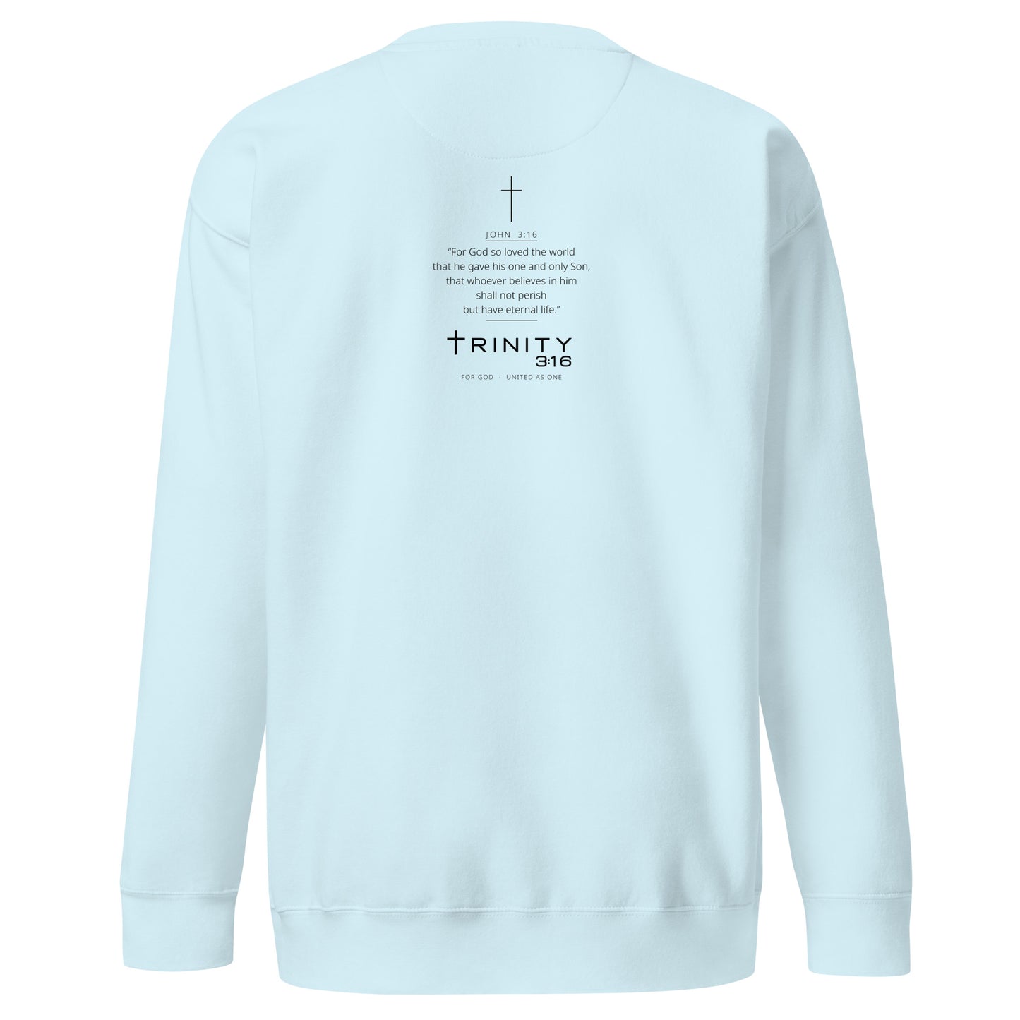 John 3:16 Christian crewneck in sky blue— Trinity 3:16 faith apparel
