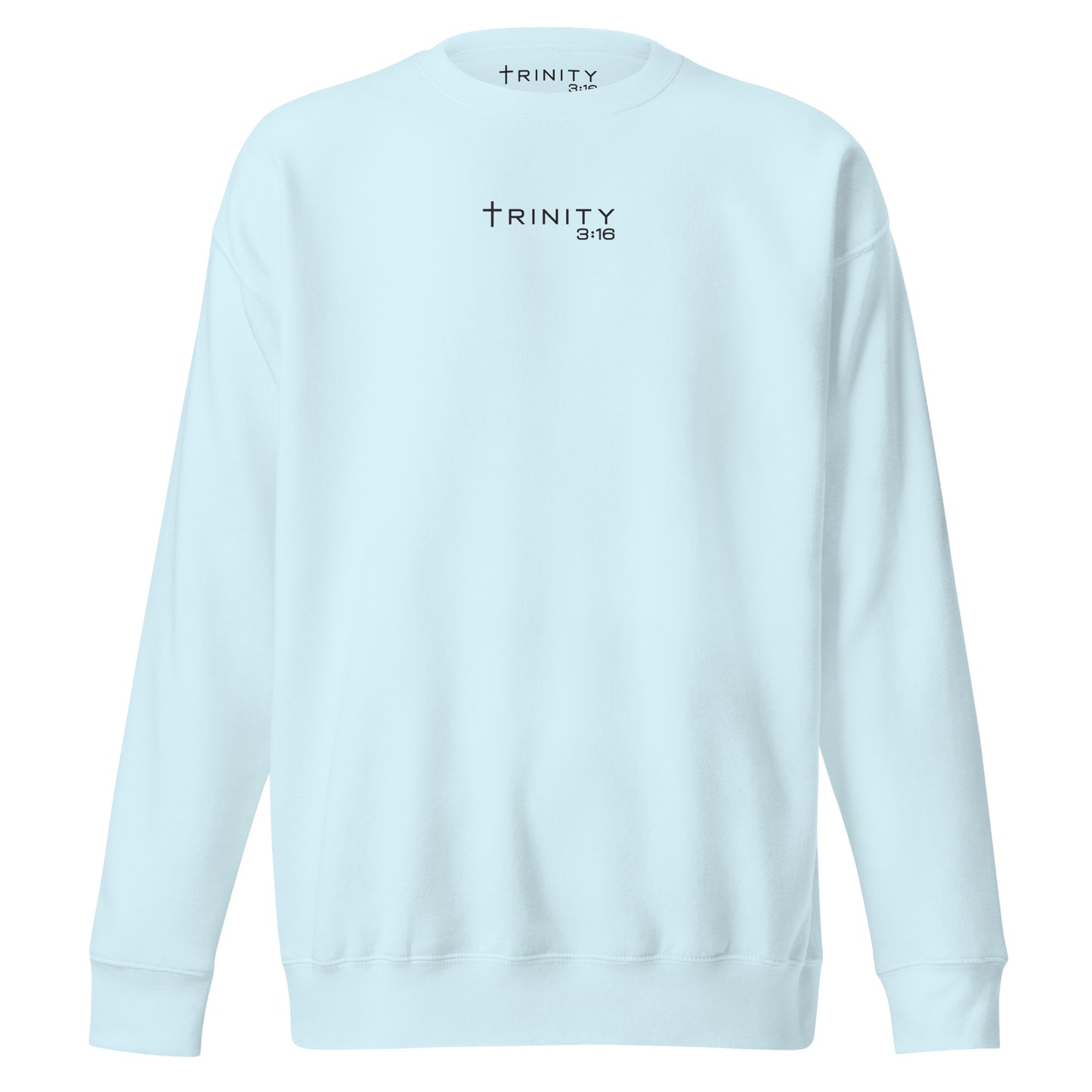 John 3:16 Christian crewneck in sky blue— Trinity 3:16 faith apparel
