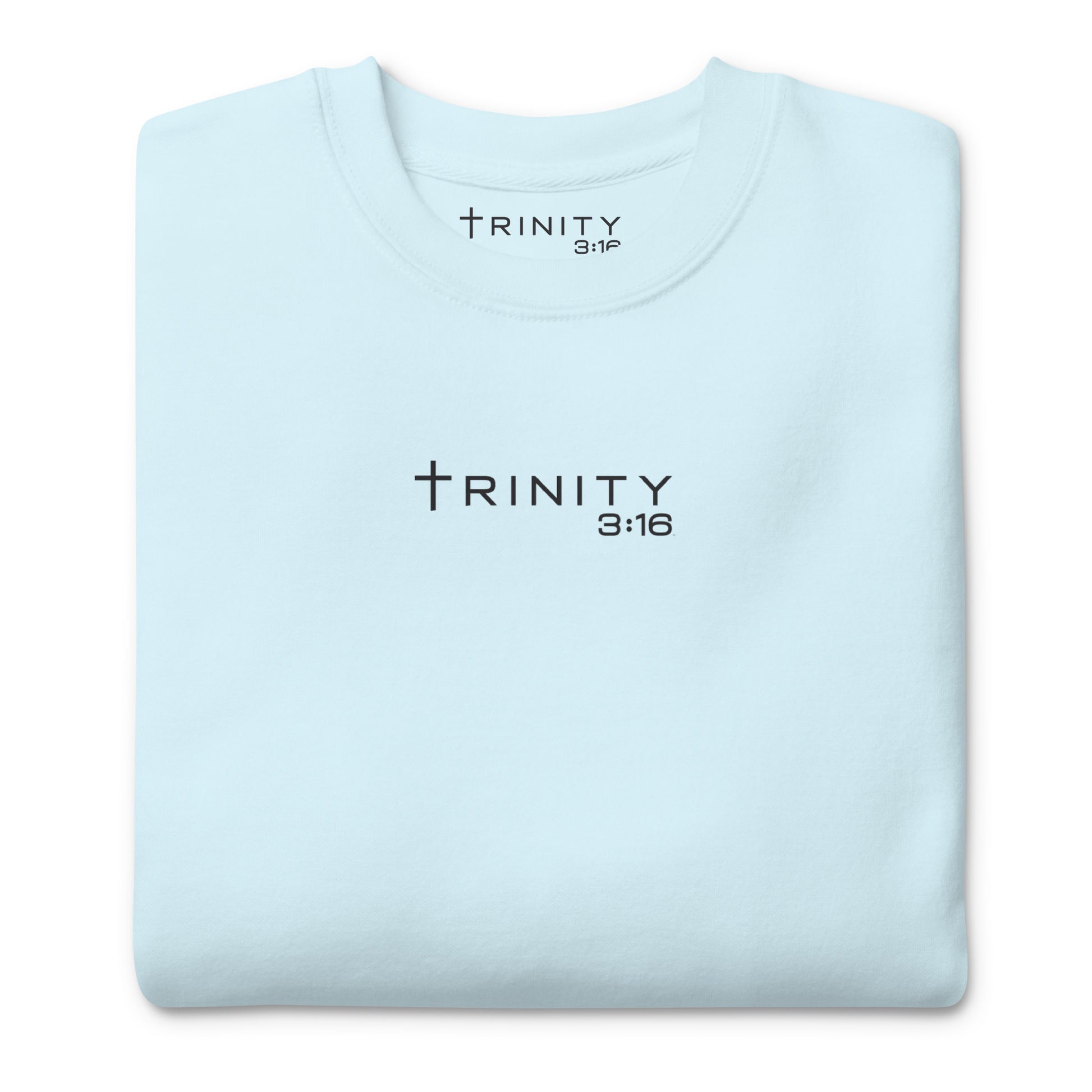 John 3:16 Christian crewneck in sky blue— Trinity 3:16 faith apparel