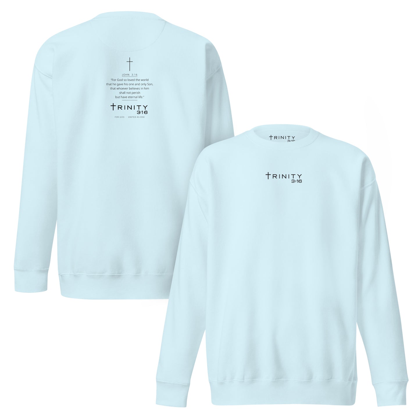 John 3:16 Christian crewneck in sky blue— Trinity 3:16 faith apparel