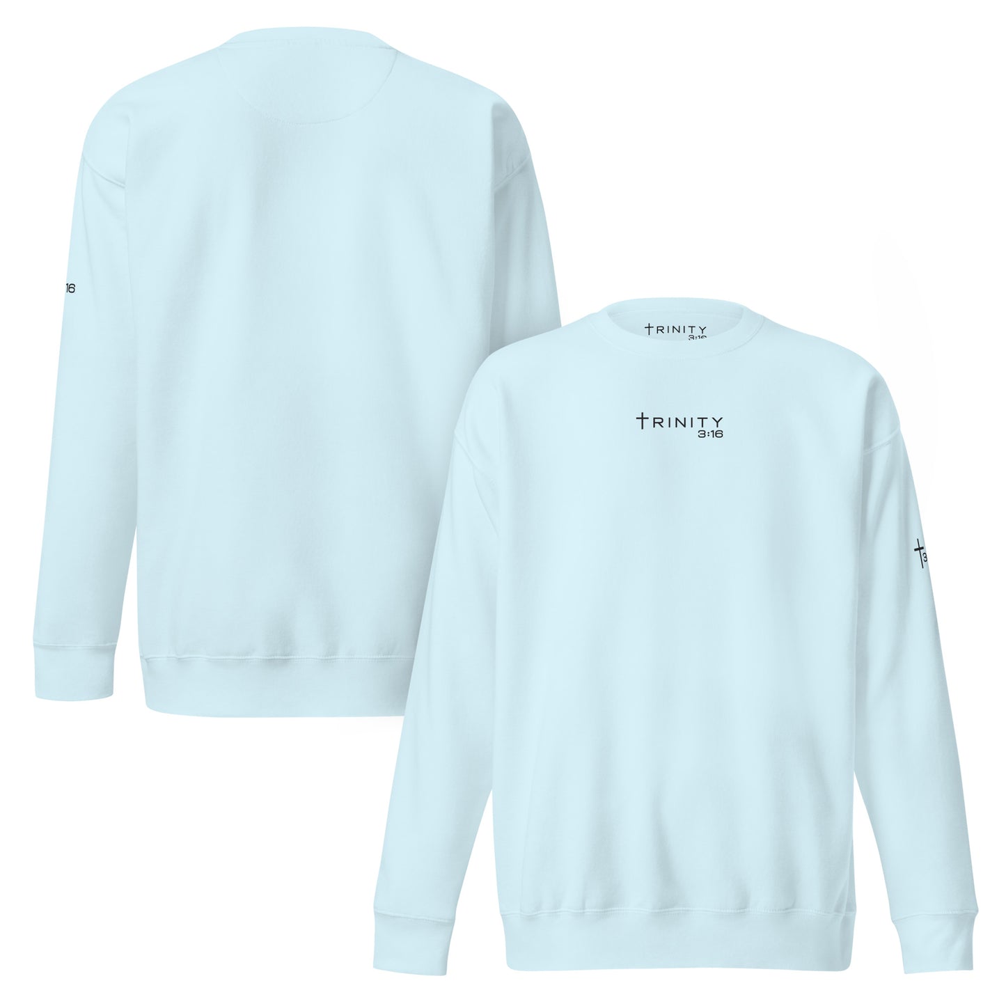 T316 Logo Christian crewneck in skye blue— Trinity 3:16 faith apparel