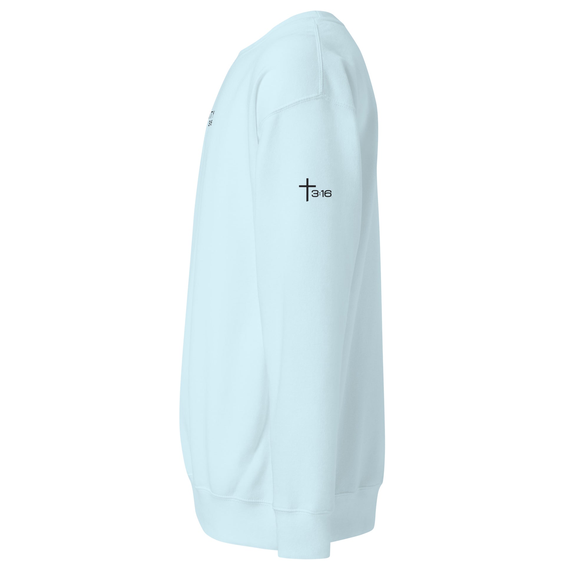 T316 Logo Christian crewneck in sky  blue— Trinity 3:16 faith apparel