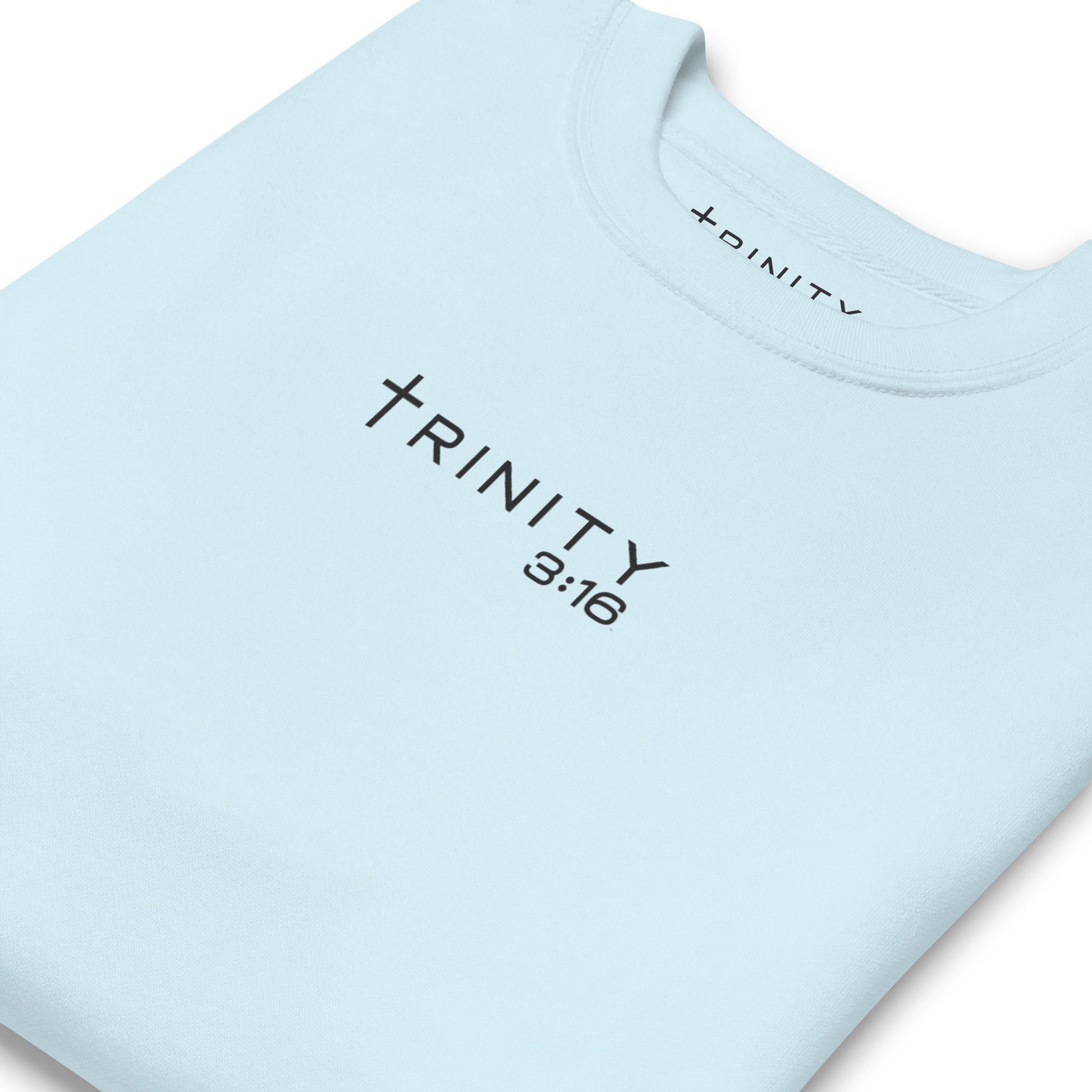 John 3:16 Christian crewneck in sky blue— Trinity 3:16 faith apparel