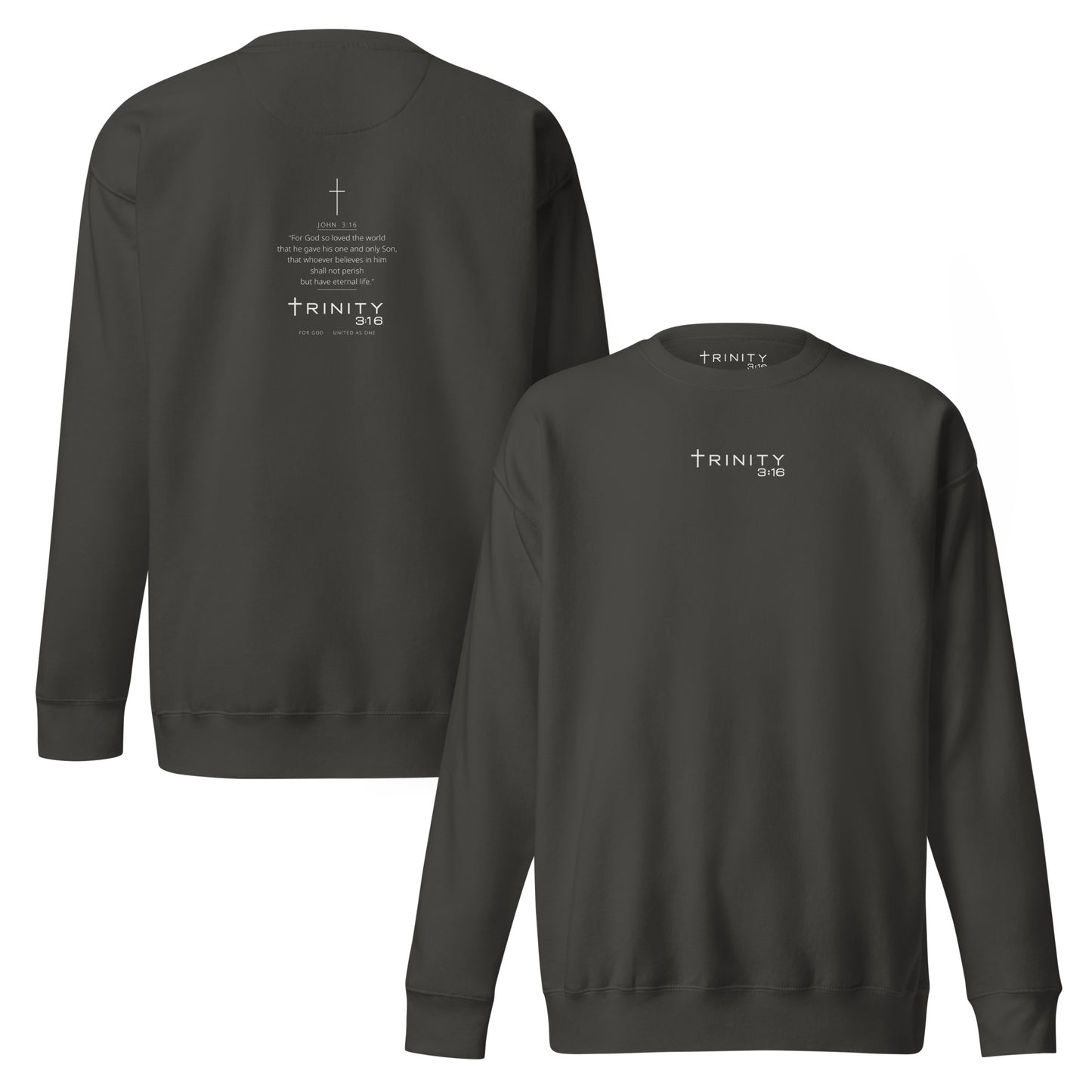 John 3:16 Christian crewneck in vintage black— Trinity 3:16 faith apparel