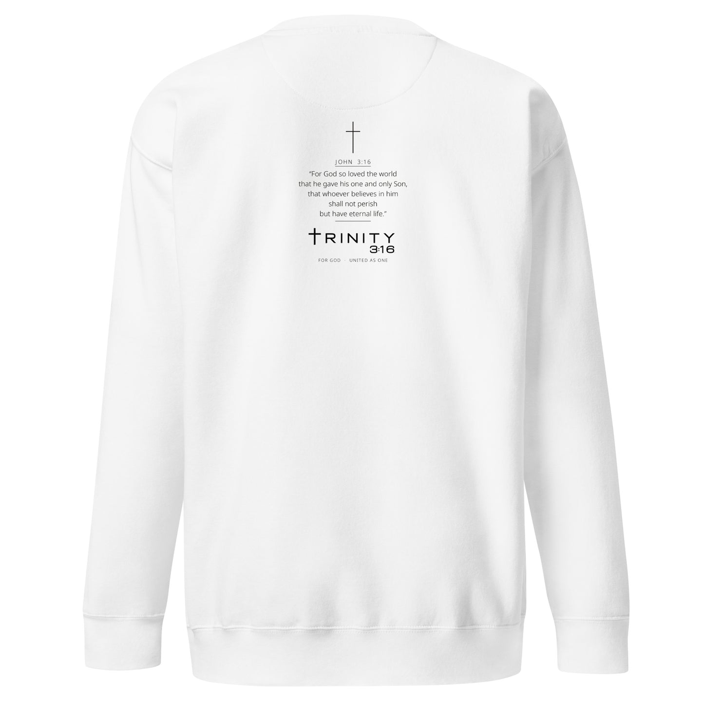 John 3:16 Christian crewneck in white— Trinity 3:16 faith apparel