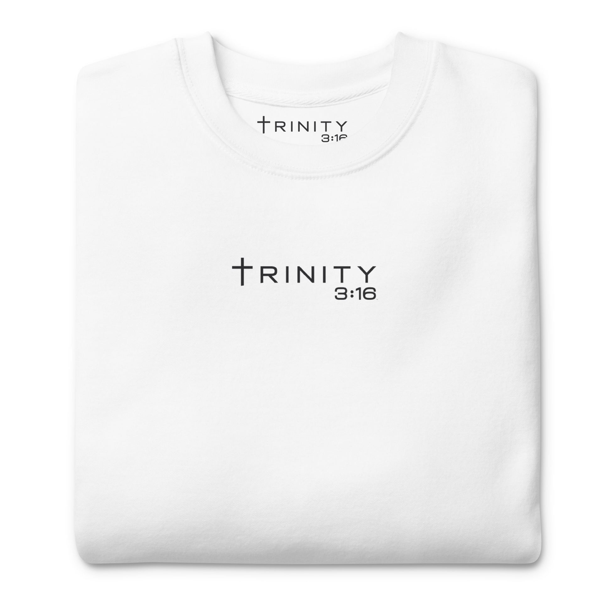 John 3:16 Christian crewneck in white— Trinity 3:16 faith apparel
