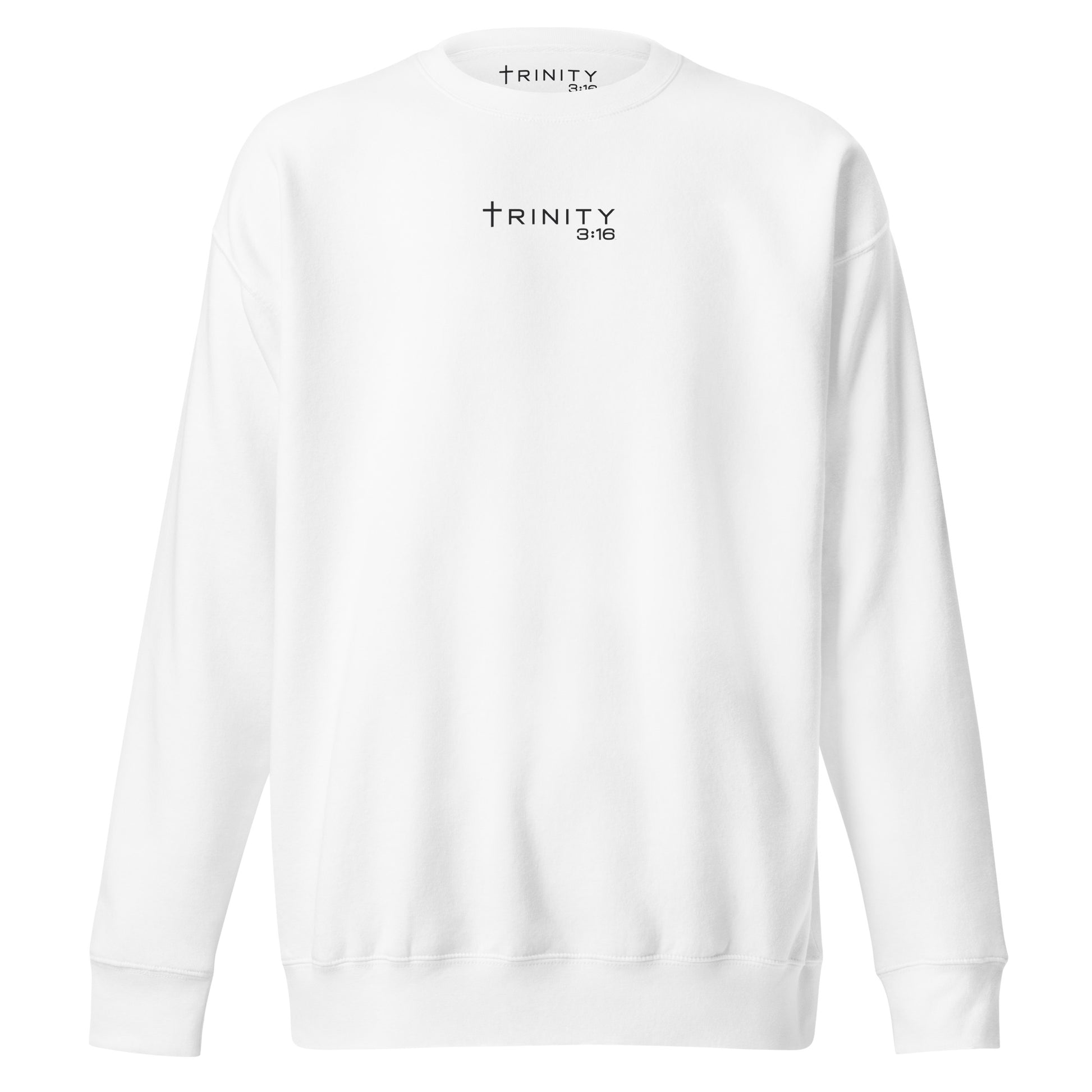 John 3:16 Christian crewneck in white— Trinity 3:16 faith apparel