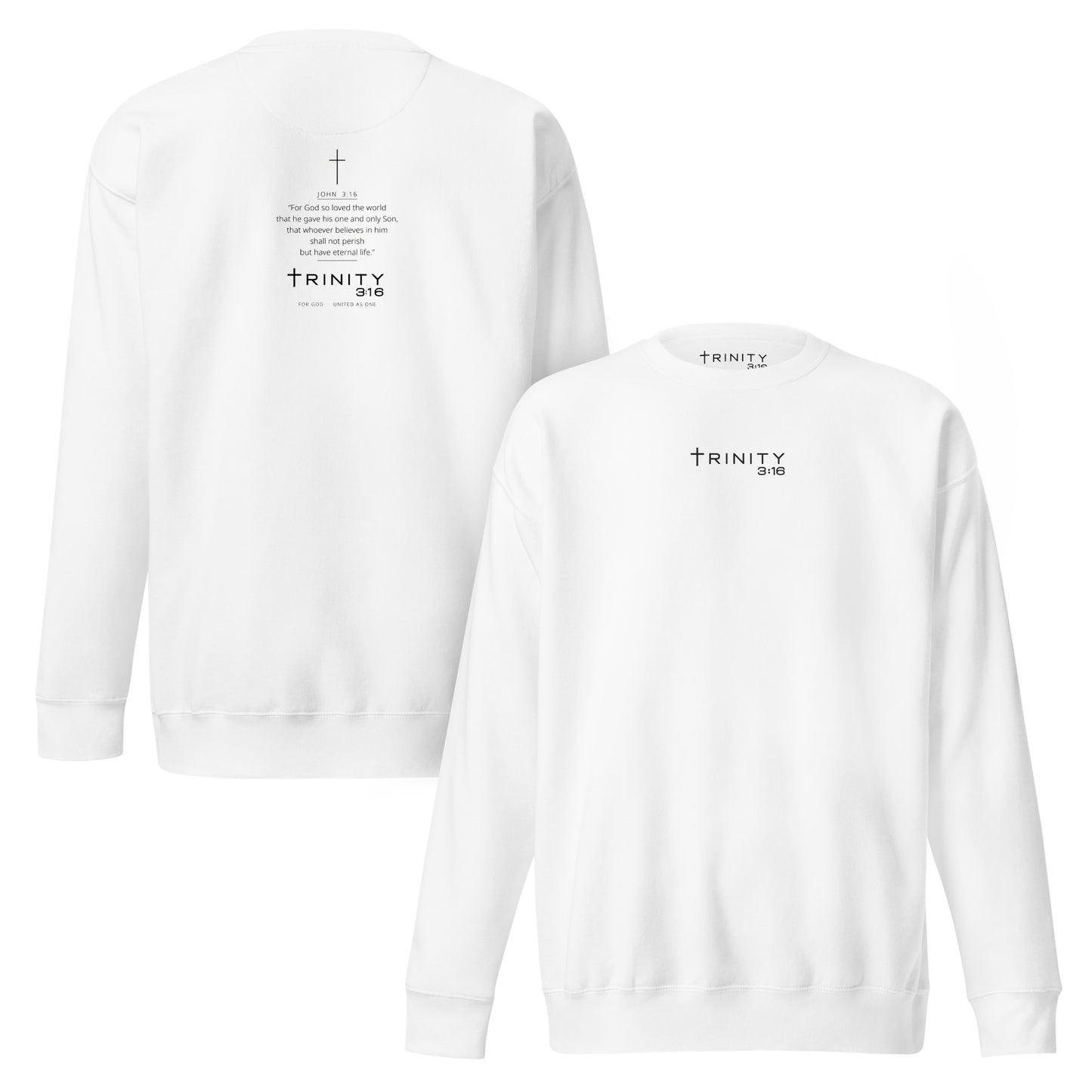 John 3:16 Christian crewneck in white— Trinity 3:16 faith apparel