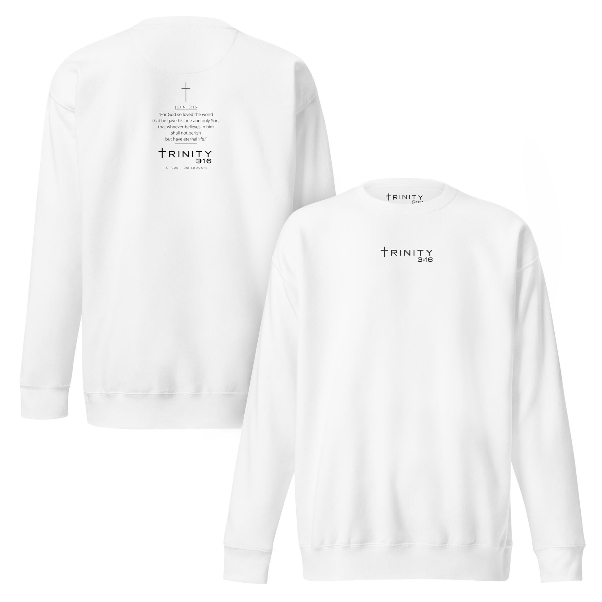 John 3:16 Christian crewneck in white— Trinity 3:16 faith apparel