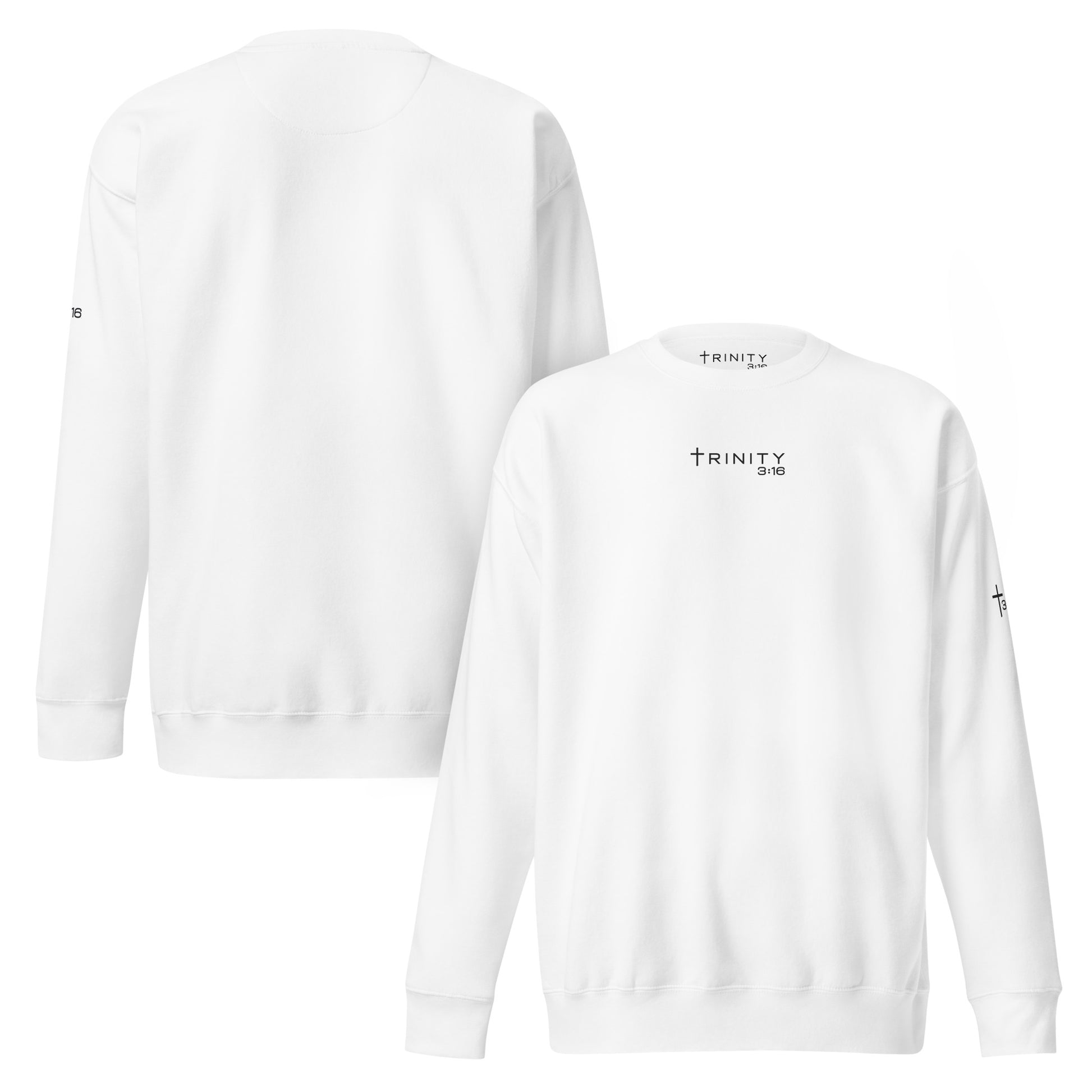 T316 Logo Christian crewneck in white— Trinity 3:16 faith apparel