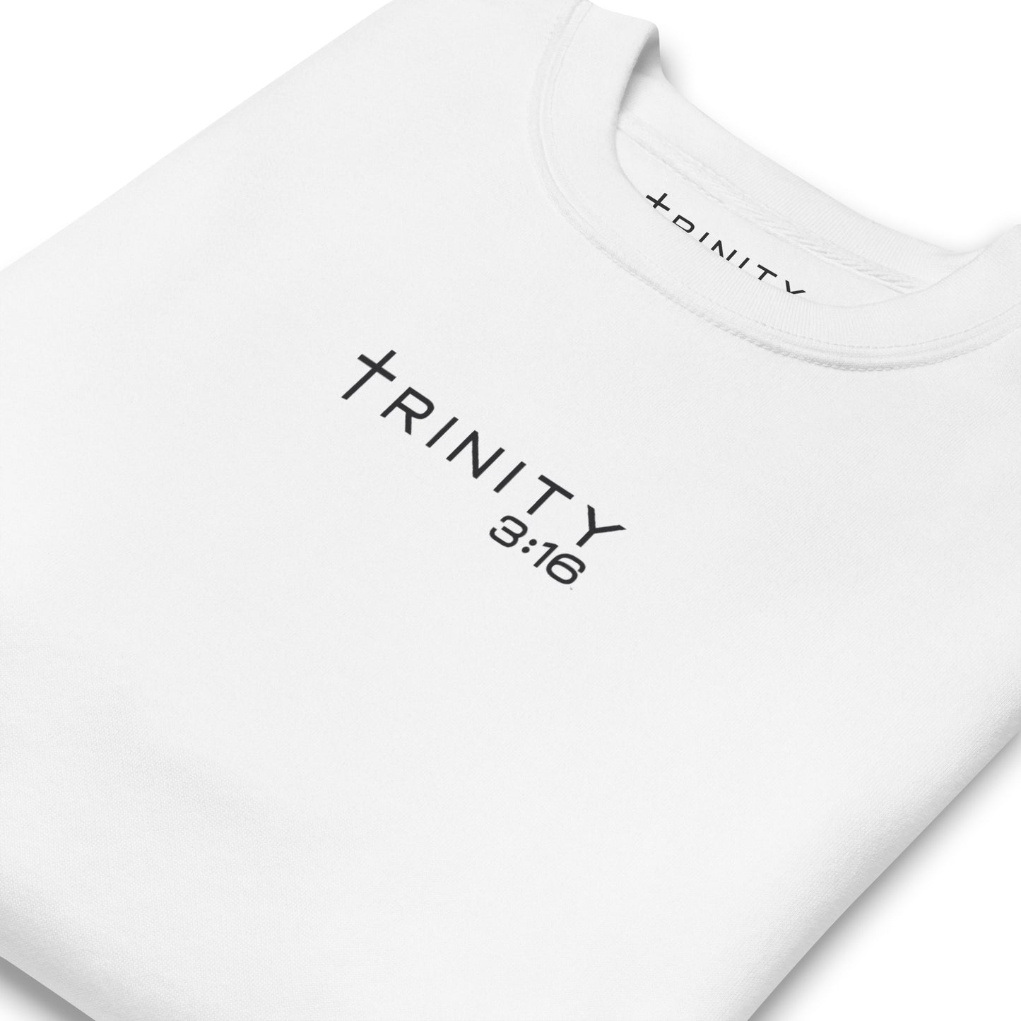 John 3:16 Christian crewneck in white— Trinity 3:16 faith apparel